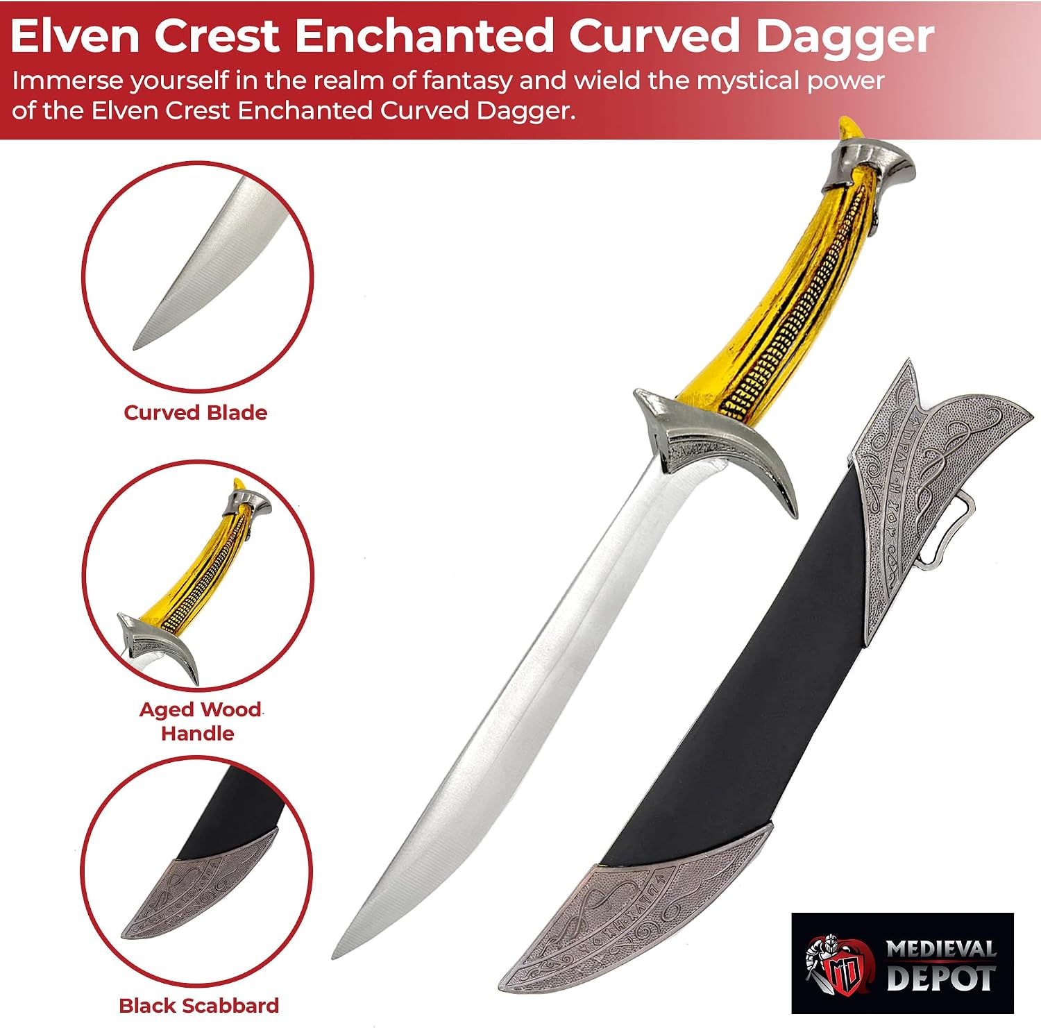 MedievalDepot Crest Enchanted Curved Dagger – Overall 11" Mythical Blade with Elegant Design – Great for Display and Fantasy Collectors