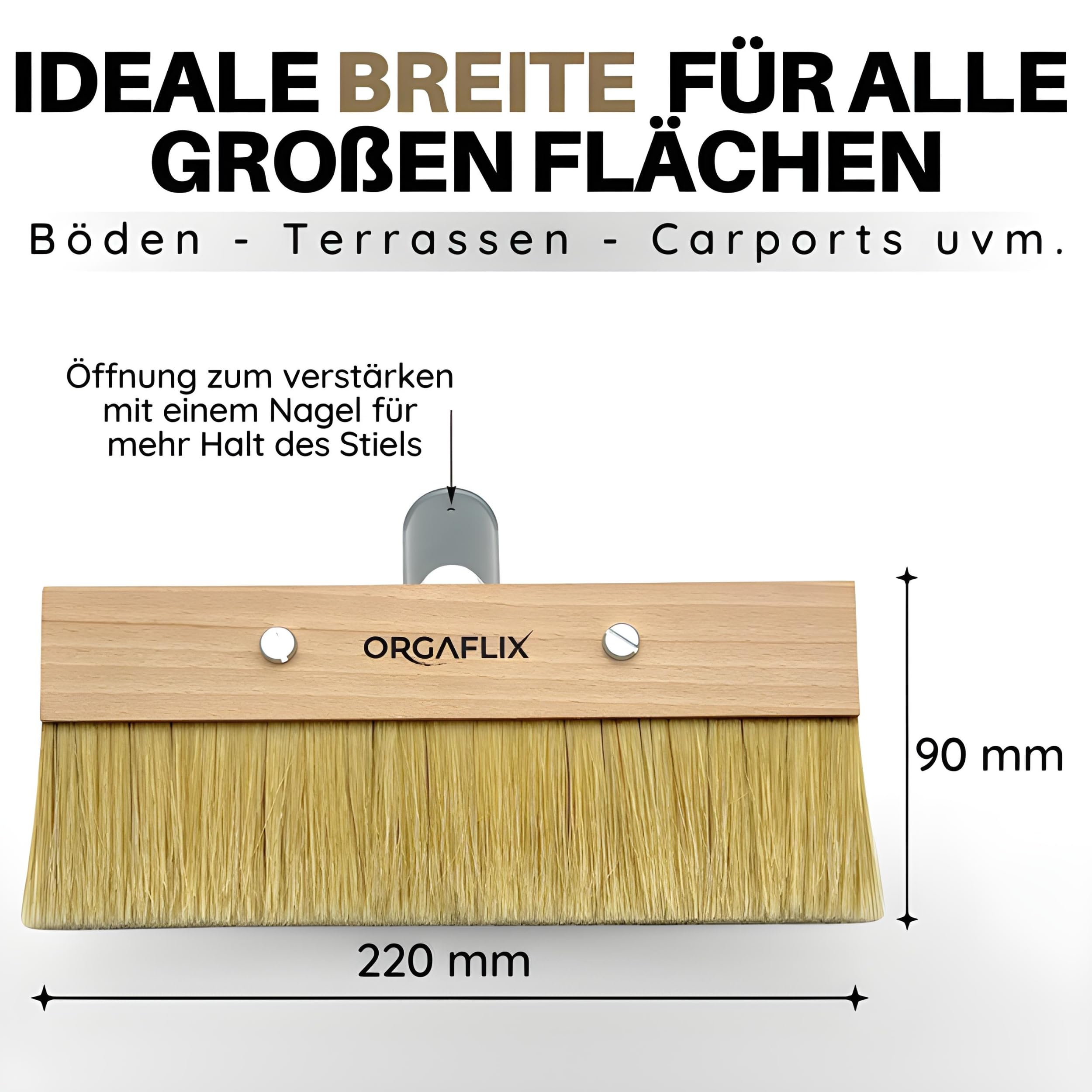 ORGAFLIX Pennello Premium per Verniciatura Terrazzo 220mm con Robusta Montatura in Metallo per Impugnatura a Manico - Perfetto per la Sigillatura di Pavimenti e Grandi Superfici - Pennello per Pittori