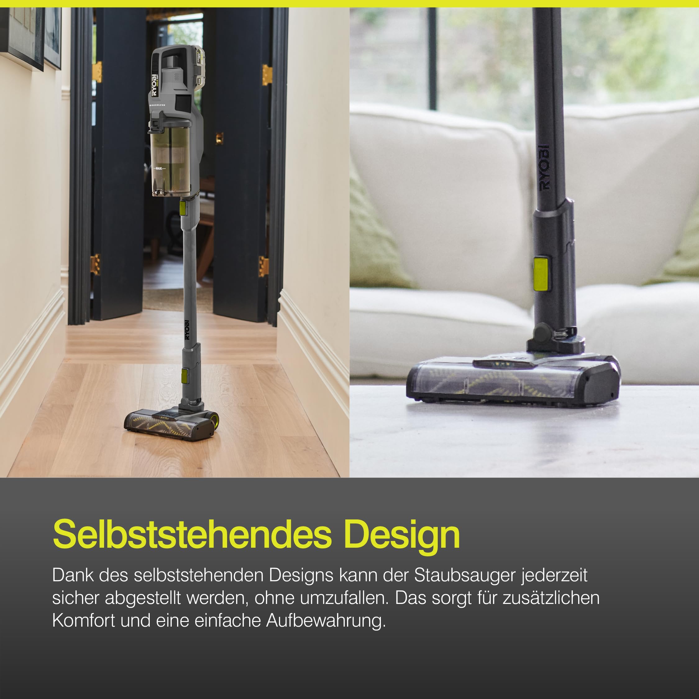 RYOBI 18 V ONE+ Brushless Akku-Staubsauger RSVS18BL-0, 90 AW Saugleistung, Dual-Zyklon-Filtration, HEPA-Filter, LED-Kopfbeleuchtung, ohne Akku und Ladegerät, Anthrazit