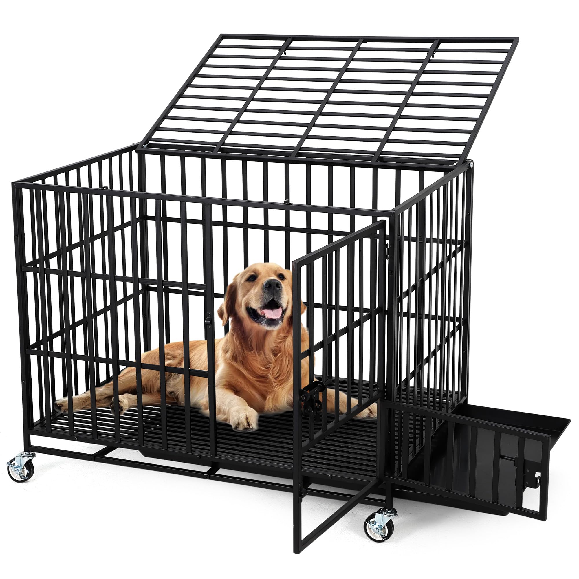 Hundekäfig Hochbelastbar Hundebox Gitterbox 125 * 80 * 92 cm für große Hunde mit Doppeltüren, 4 Verriegelbaren Rädern, Abnehmbarer Schale und Stabiler Sicherheitsverriegelung