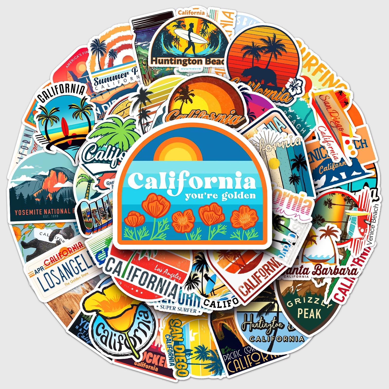 California Stickers 50Pcs Vinyl Travel Sticker Pack, Beach Surf Palm Tree Decals for Luggage Laptop Water Bottle Guitar Skateboard Scrapbook DIY Decoration