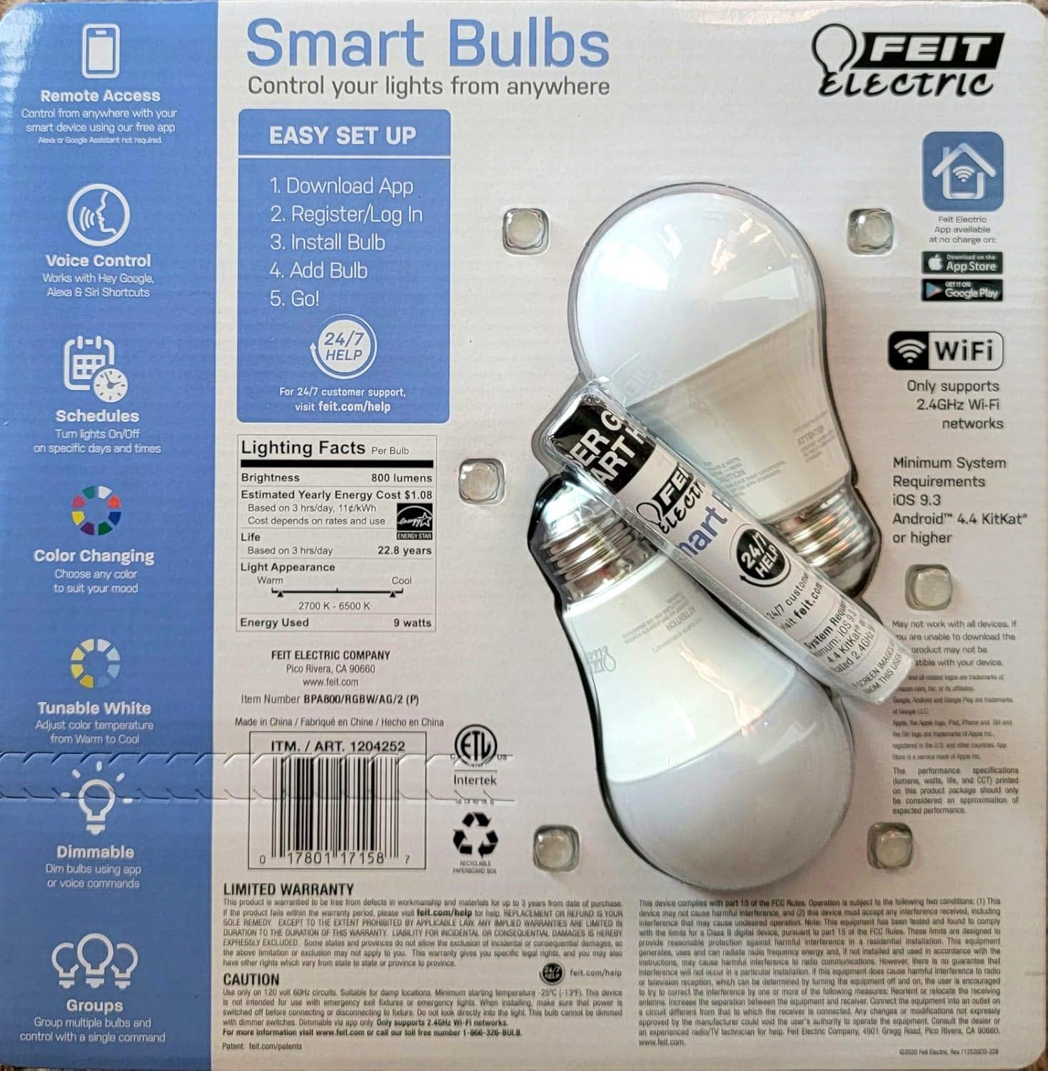 Feit Electric Smart Wi-Fi LED Light Bulbs 2-Pack packaging back