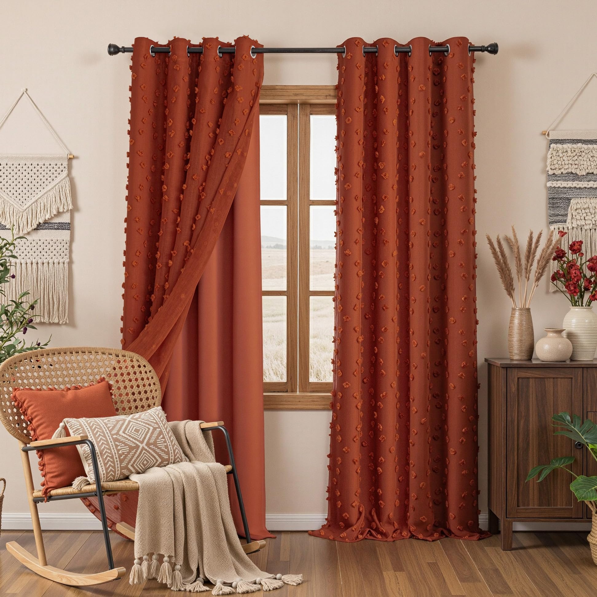 MYSKY HOME Terracotta Curtains for Bedroom 72 Inches Long Bohemian Curtains Pom Pom Brick Red Sheer Curtain for Girls Room Double Layer for Toddler Grommet Room Darkening Window Panels 52 x 72 Inch
