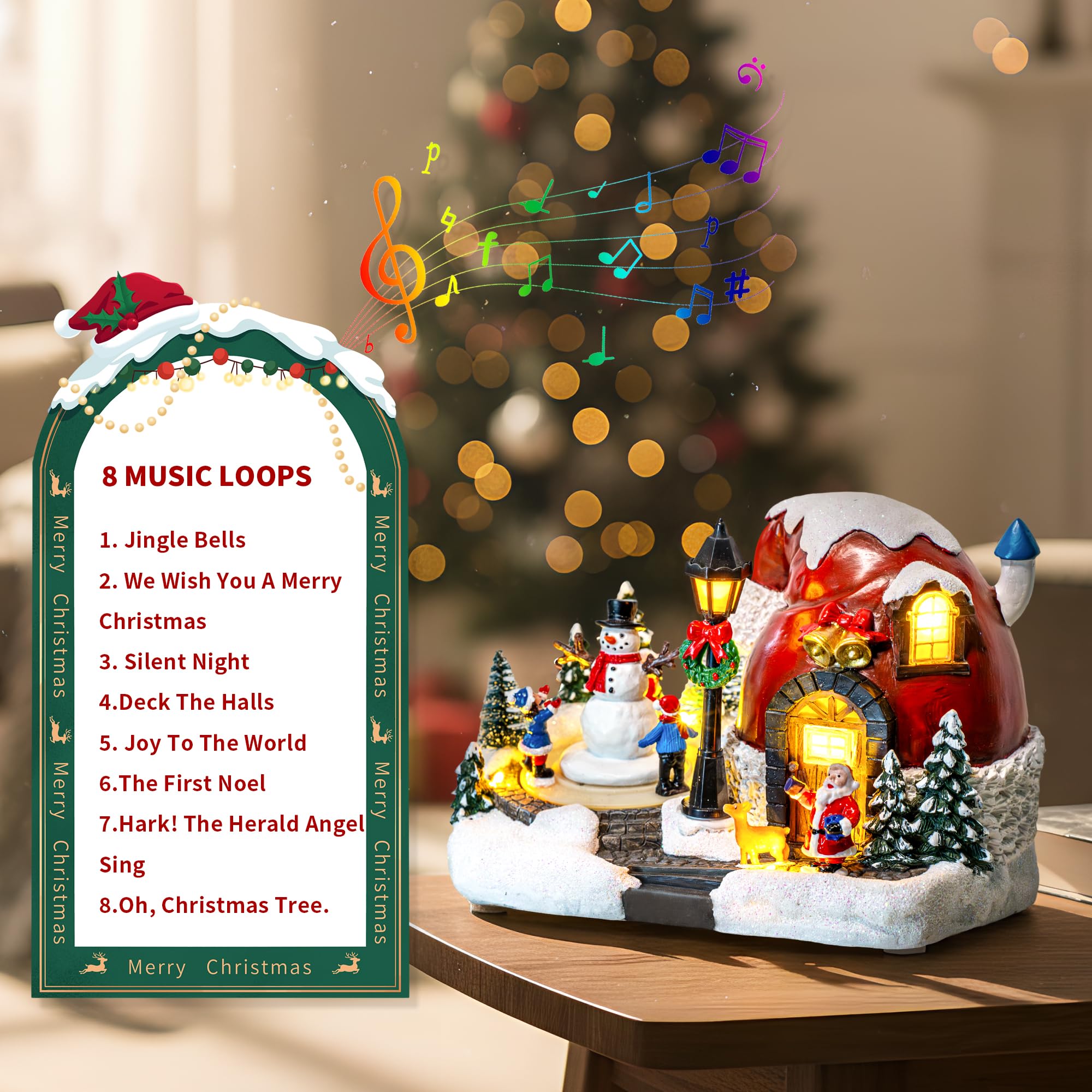 XPSCOCO Decoración musical mágica iluminada de pueblo de Navidad de 5.5 pulgadas, escena de taller de Papá Noel alimentada por USB para alegría de mesa de vacaciones