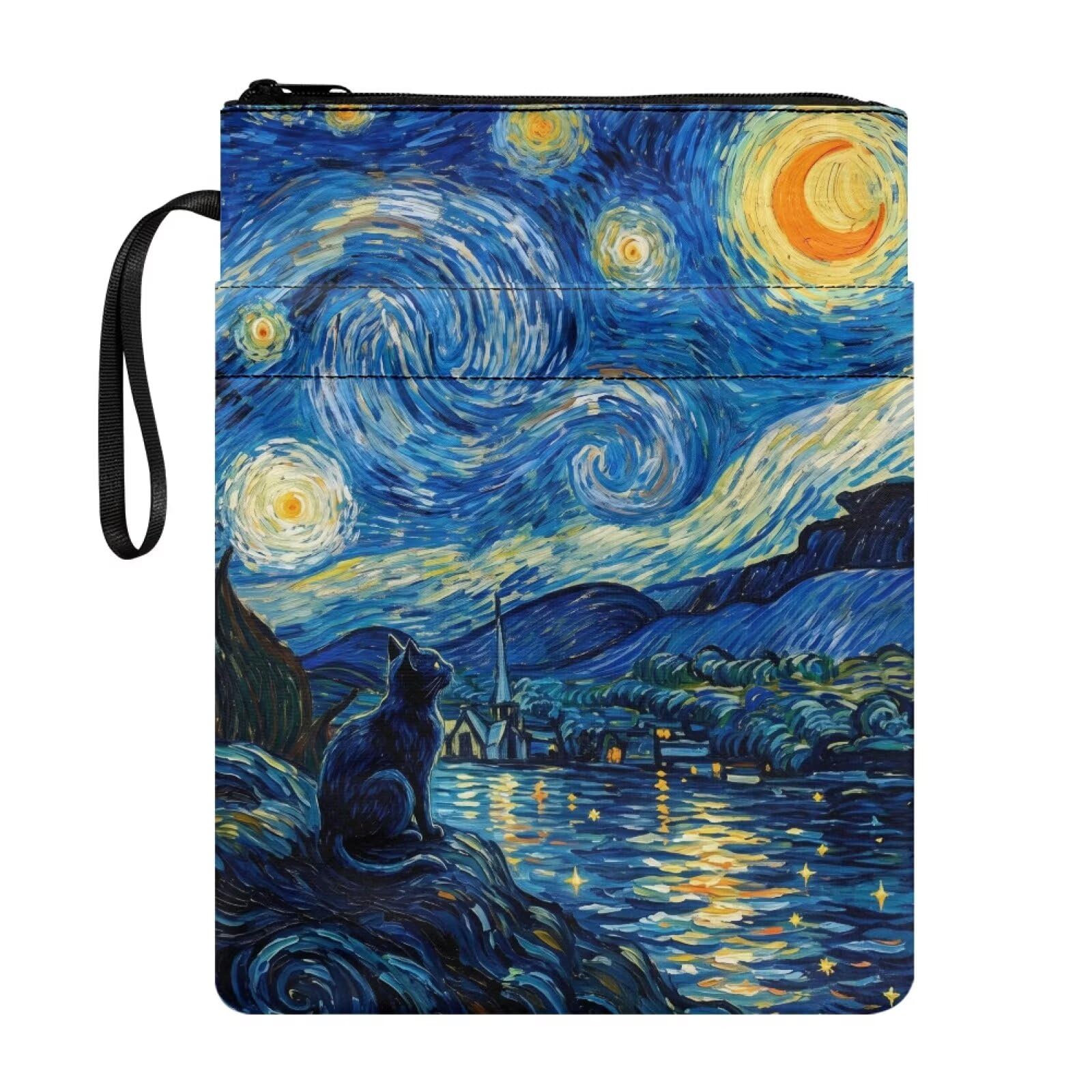 Poceacles Book Sleeve with Pockets Washable Fabric Paperback Book Cover Pouch Protector with Zipper for Hardcover Textbook, 29 x 22 cm, Blue - Starry Night Cat