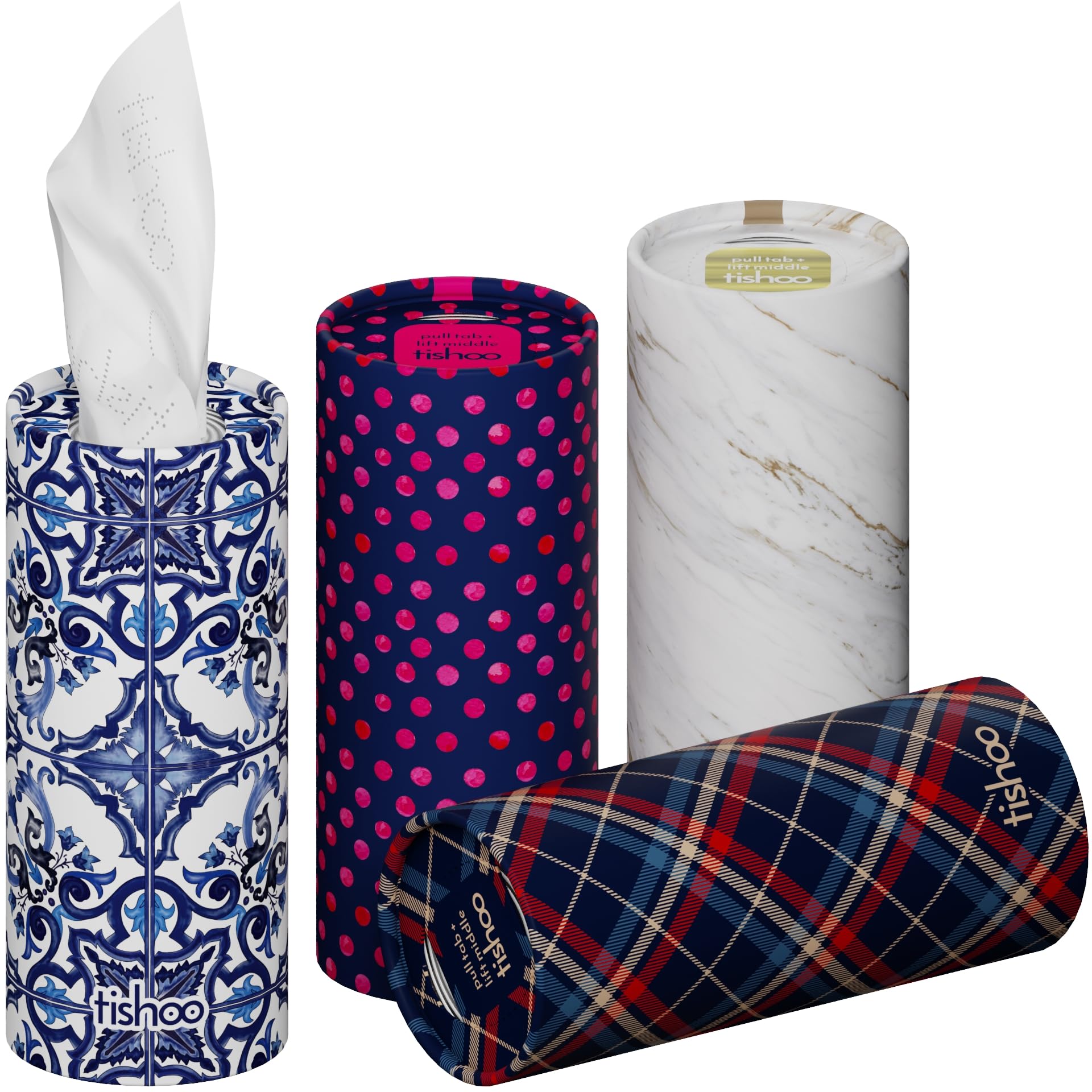 tishoo 4-Ply Tissues Infused with Hyaluronic Acid, for Car Cup Holders, Home and Travel, 4 Tubes in Plastic-Free Packaging, Mixed/Marylebone Mixed/Marylebone 10 count (Pack of 4)