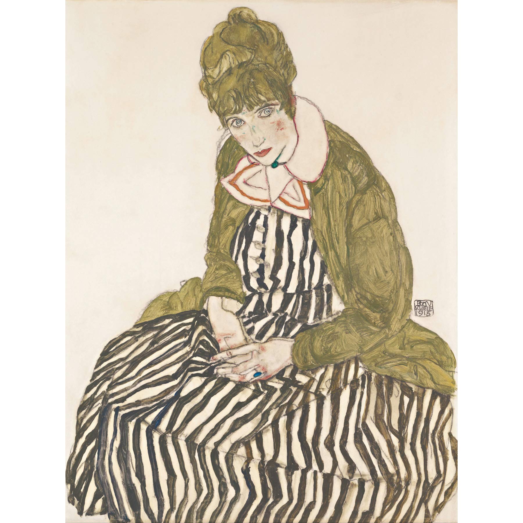 Egon Schiele Edith With Striped Dress Sitting Large Wall Art Print Canvas Premium Poster Mural