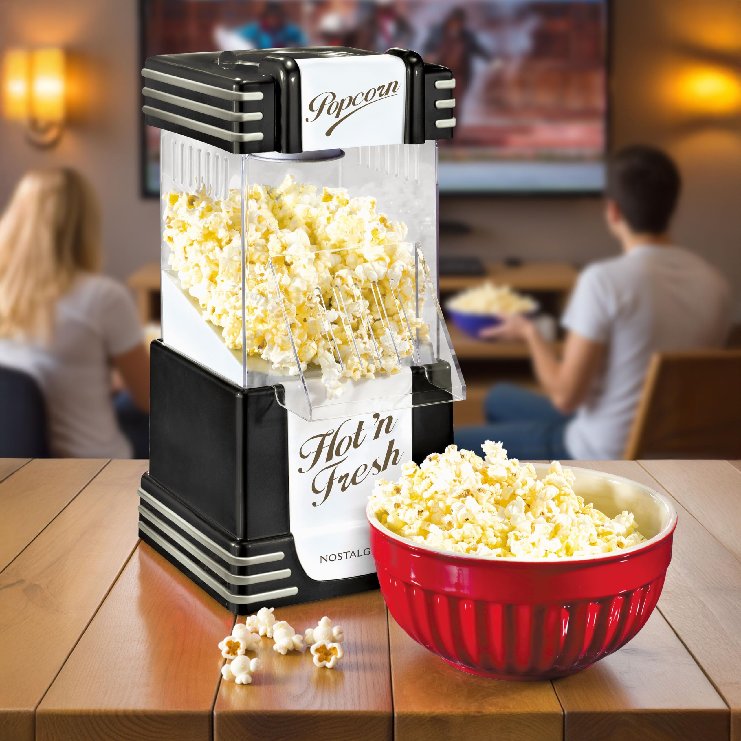 Nostalgia Máquina retro para hacer palomitas de maíz de aire caliente, 12 tazas sin aceite, máquina de encimera con taza medidora, aperitivos saludables y noches de cine, color negro