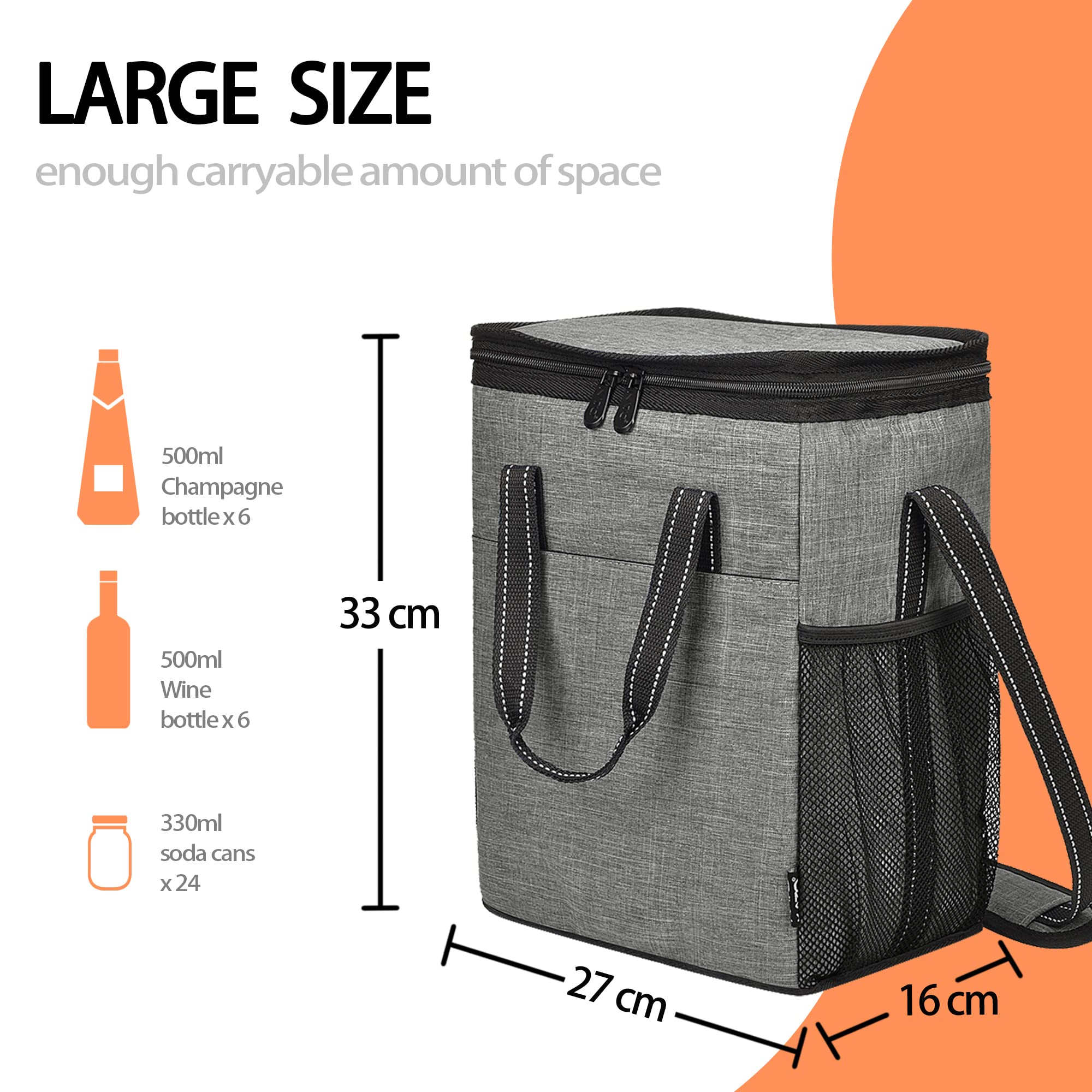 Kato Tirrinia Borsa termica per 6 bottiglie di vino, frigo, picnic e campeggio, grigio