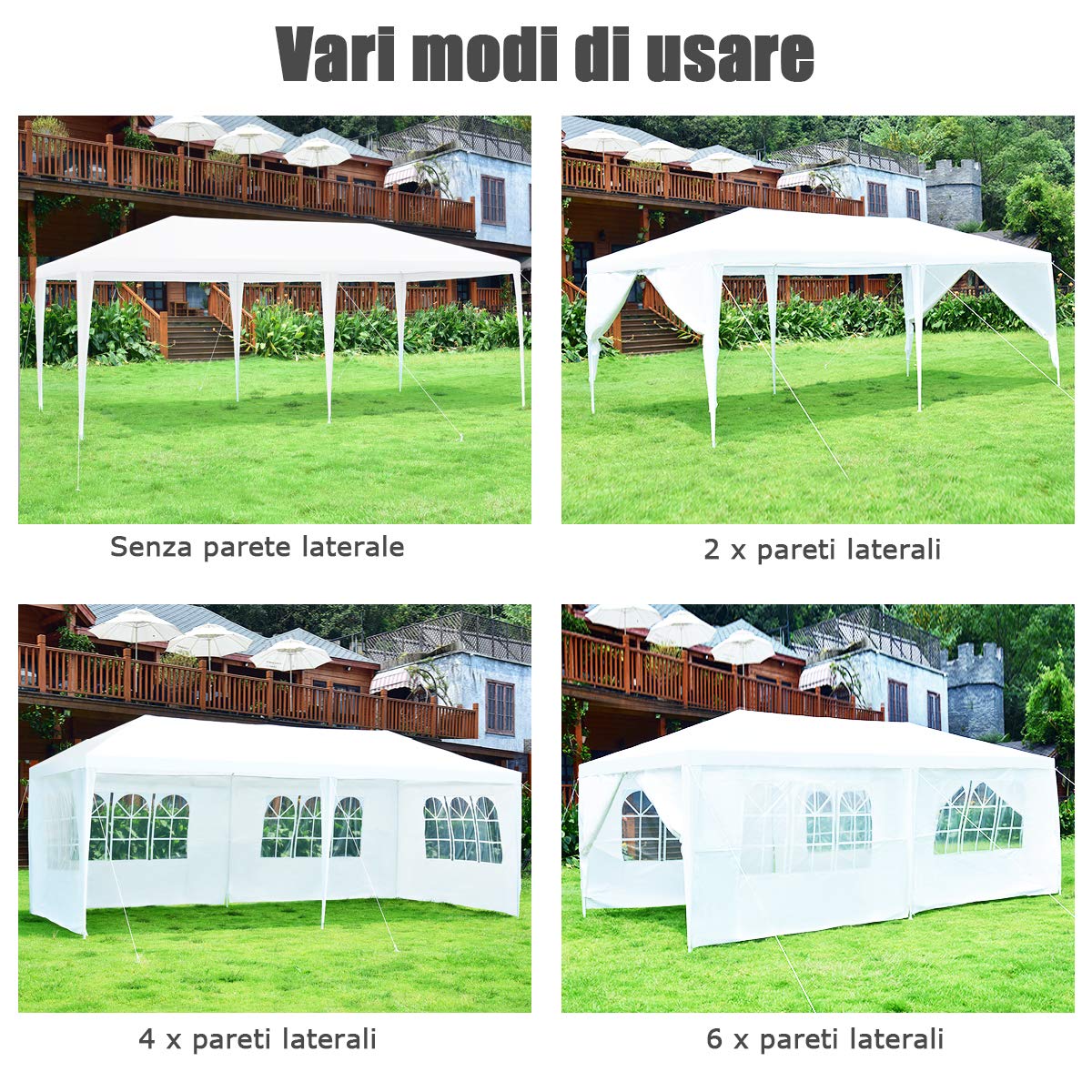COSTWAY Gazebo da Giardino 3 x 6 m, Tendone per Feste con 4 Tende Laterali Rimovibili e 2 Porte con Cerniera, Con Borsa di Trasporto, Impermeabile Protezione UV