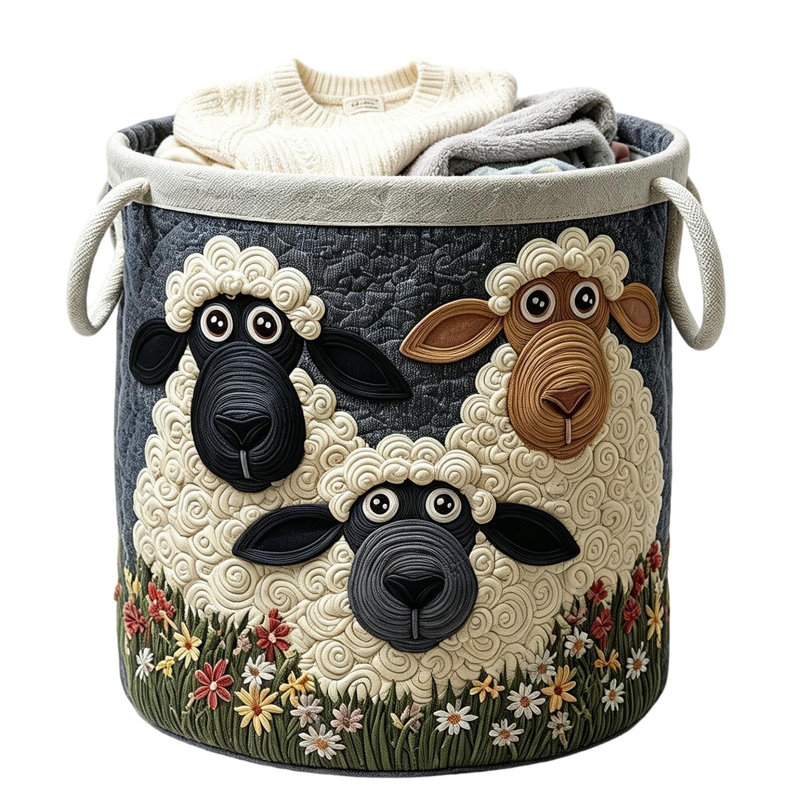 Quilted Laundry Basket - Sheep Hamper, Fabric Storage Bin Handles Portable