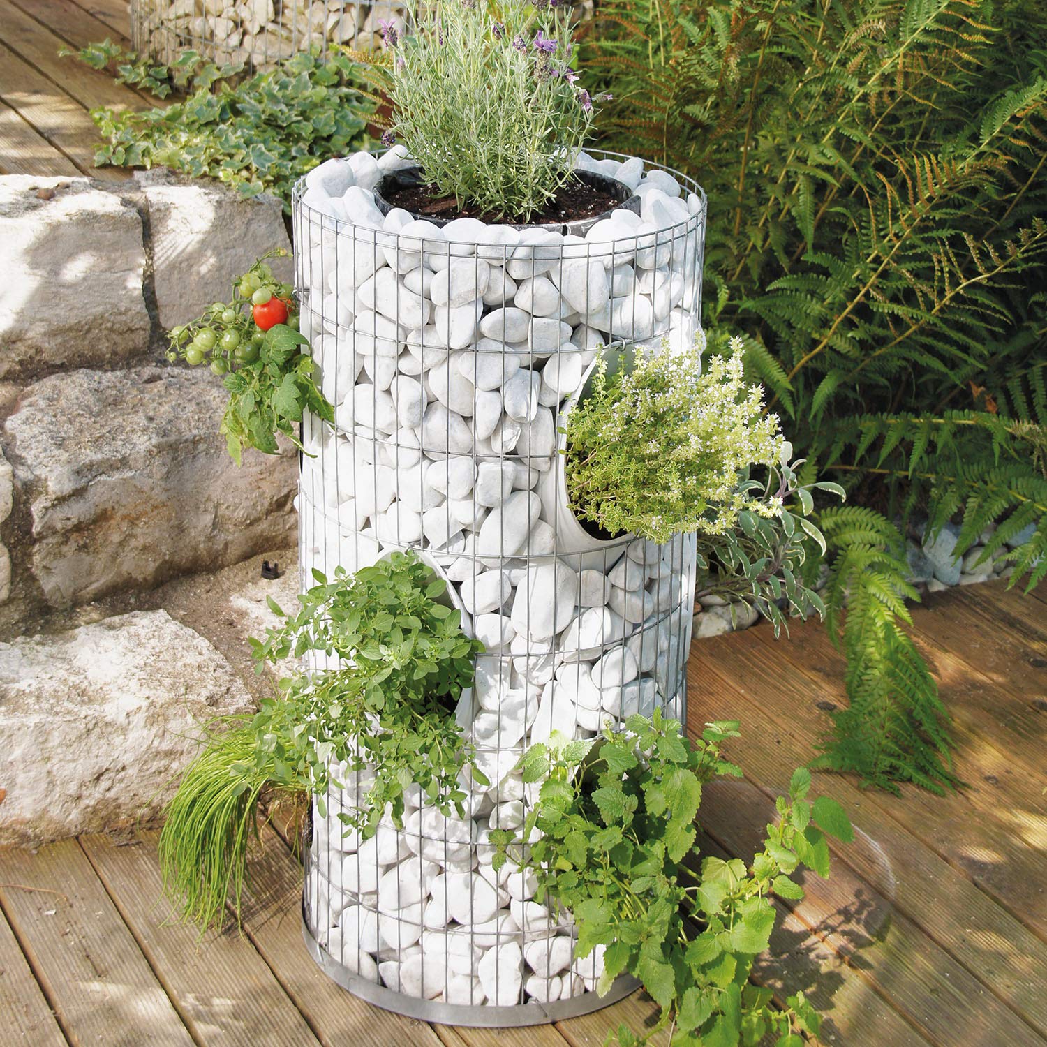 bellissa Gabionen-Kräuterturm Steinkorb-Blumenturm H80 cm Ø 40 cm | für 10 Pflanzen, mit integriertem Gießrohr und Trennfolie
