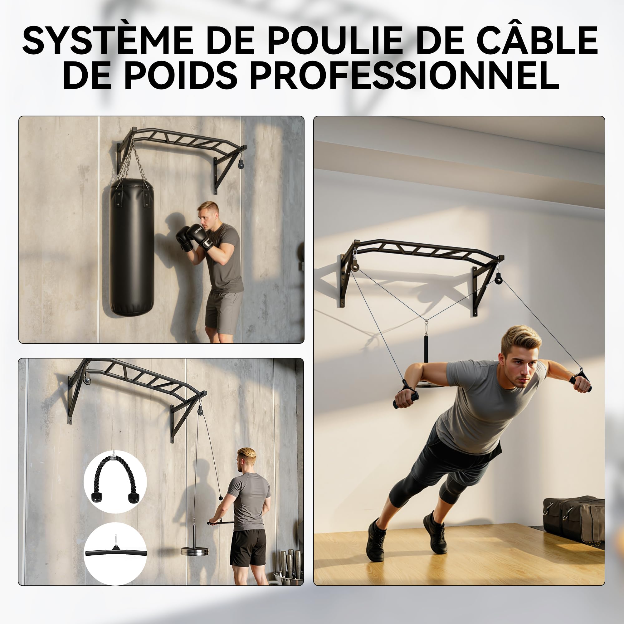 SPORTNOW Drążek do ciągnięcia na ścianie, wielofunkcyjny drążek fitness z wytrzymałą stalą, z systemem koła pasowego linki, uchwyt do ciągnięcia, do domu, obciążenie 200 kg, czarny