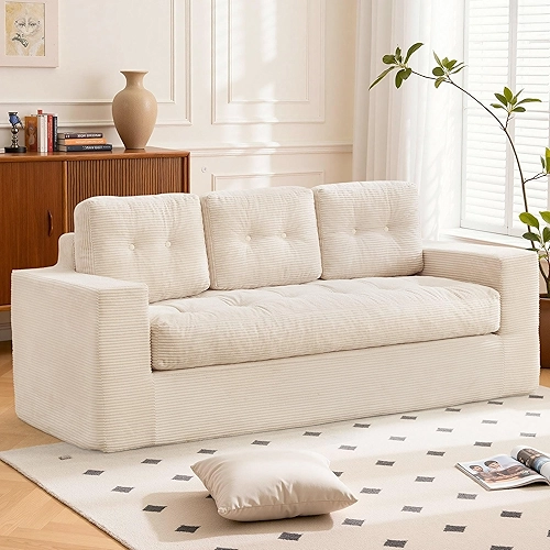 Sofás desossados para sala de estar, sofá moderno de 3 lugares de 188 cm com assento profundo, sofá de nuvem confortável com tecido de veludo cotelê, sofá sem montagem, pufe para quarto