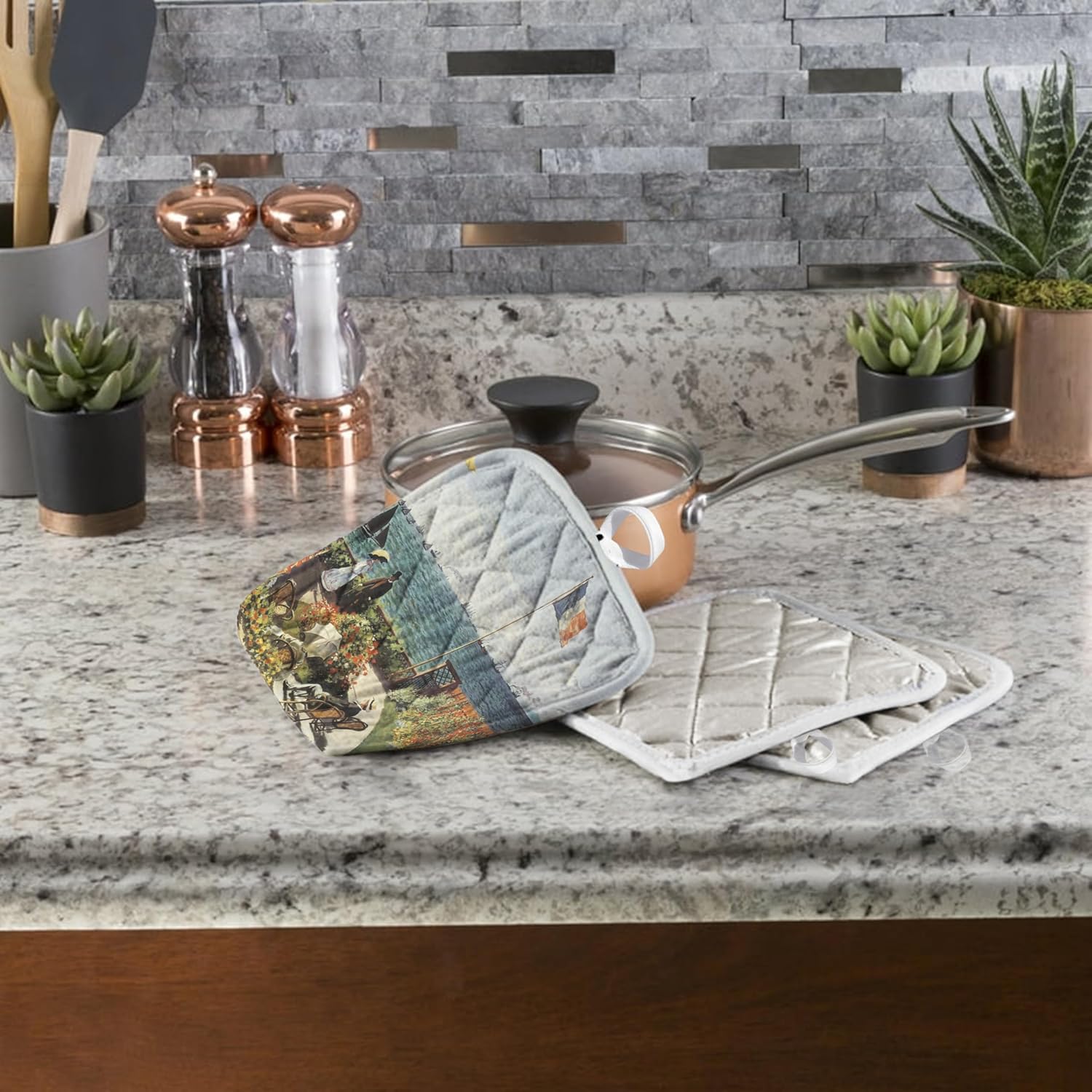 3D Rose Terrace at Sainte Adresse Vintage Monet Pot Holder, 8 x 8