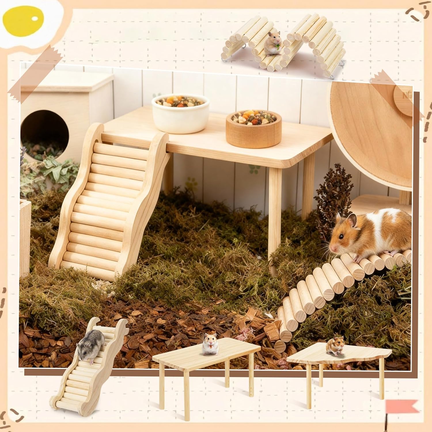 BreezeHug 4 Pcs Hamster Platform Hideout Wooden Tunnel Ladder Playhouse Hamster Game Climbing Toy with Platform Cage Accessories for Small Pets Dwarf Syrian Mice Degus Gerbils Squirrel(Climber)