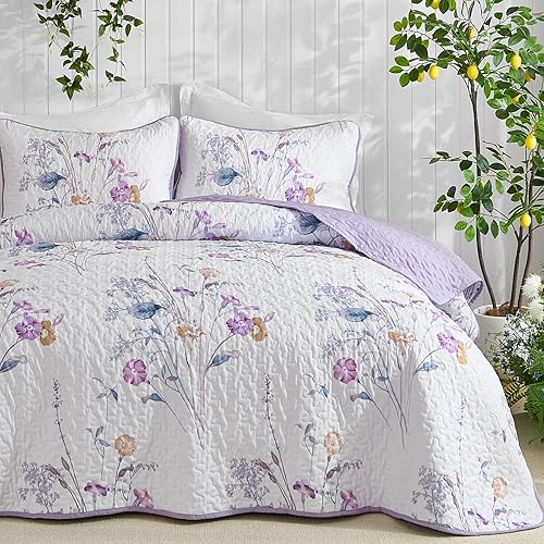 WONGS BEDDING Juego de edredón floral morado, tamaño matrimonial, juego de colcha de 3 piezas con patrón de plantas botánicas con 2 fundas de