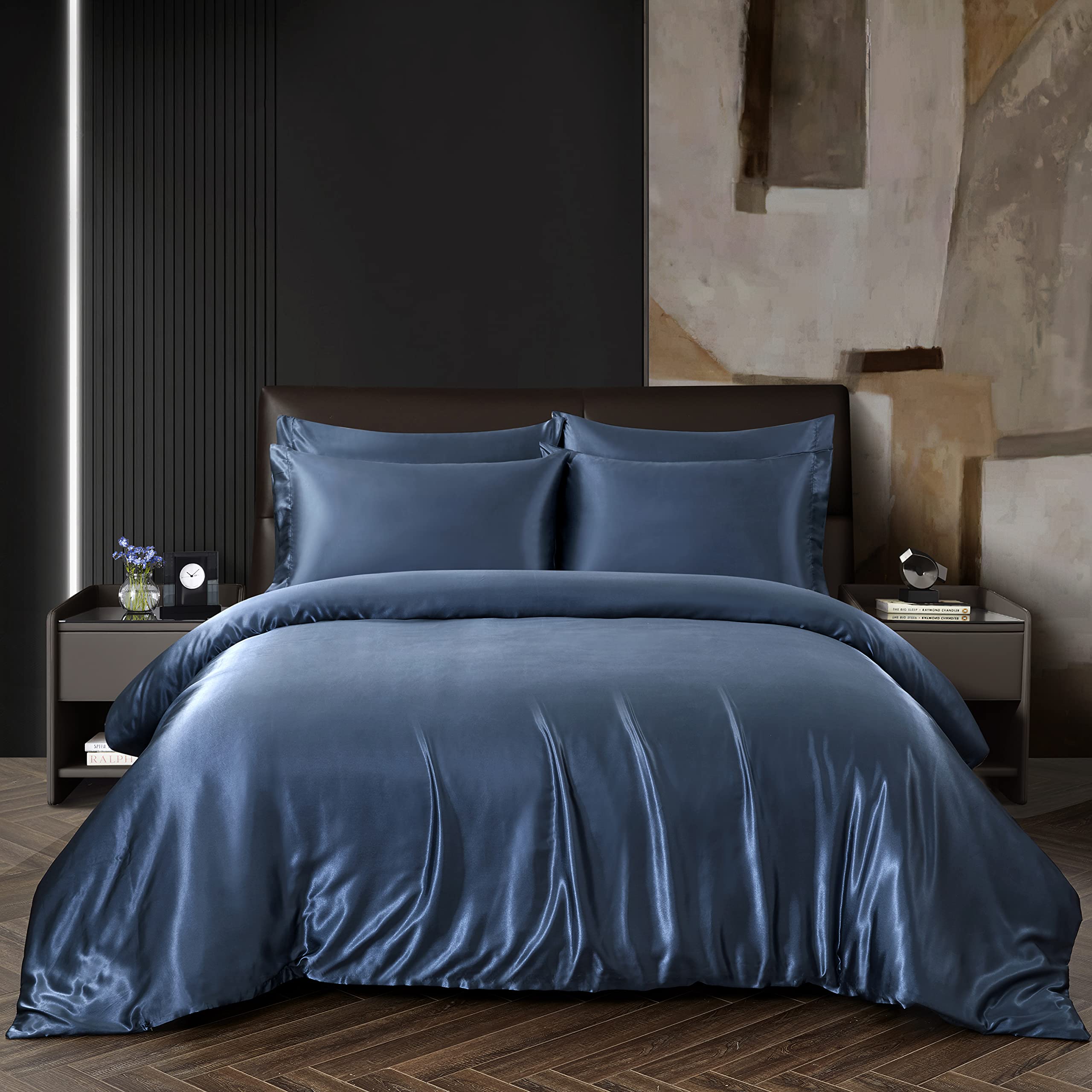 Chvonttow 5 Pieces Satin Duvet Cover King Size Set Navy Blue Bedding Duvet Cover Sets, 1 Duvet Cover + 4 Pillowcases (Navy Blue, King)