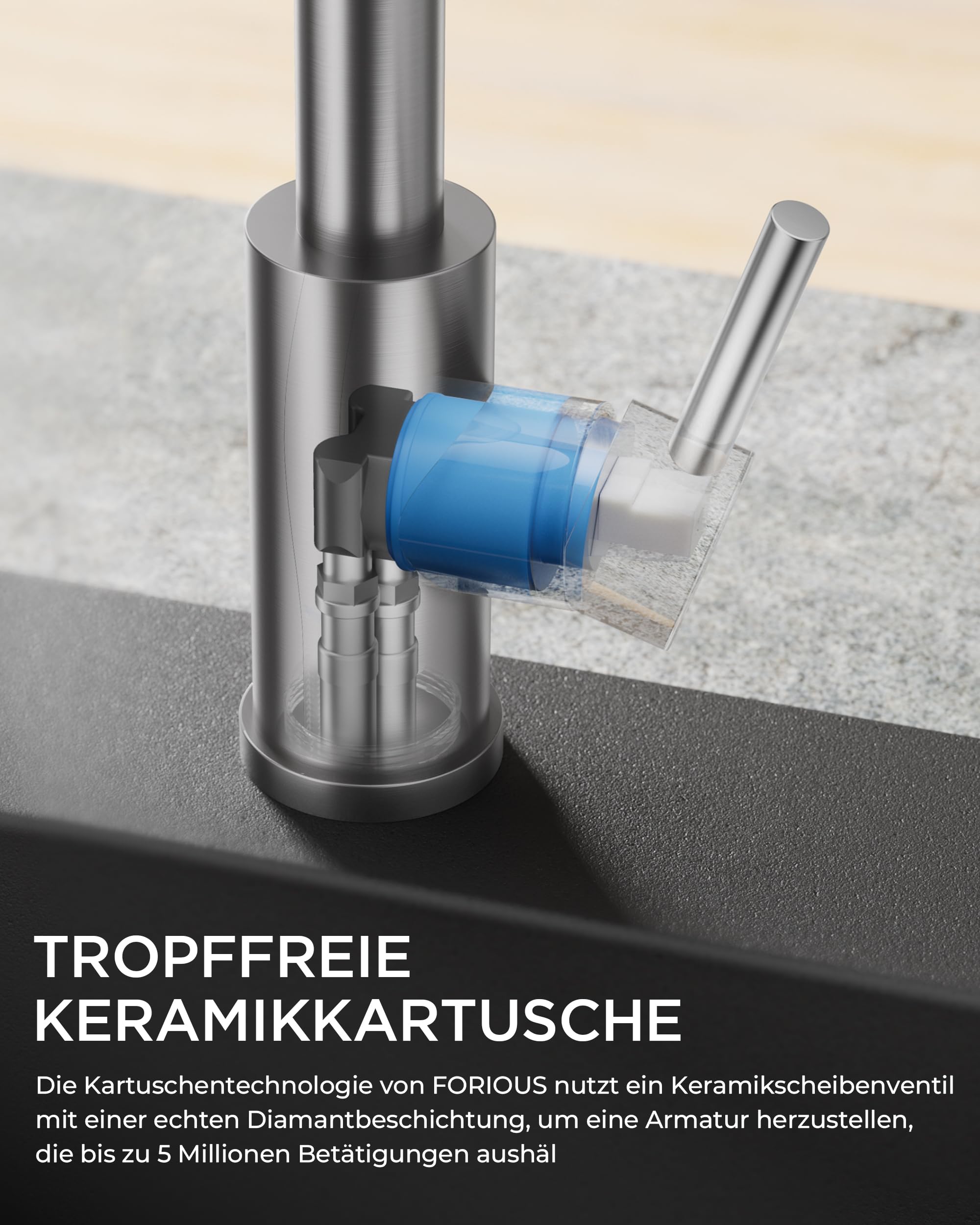 FORIOUS Wasserhahn Küche, Ausziehbare Küchenarmatur, Einhebel-Mischbatterie Küche mit 3 Strahlfunktionen, 360° Drehbare Federbelastete Spültischarmatur, Edelstahl