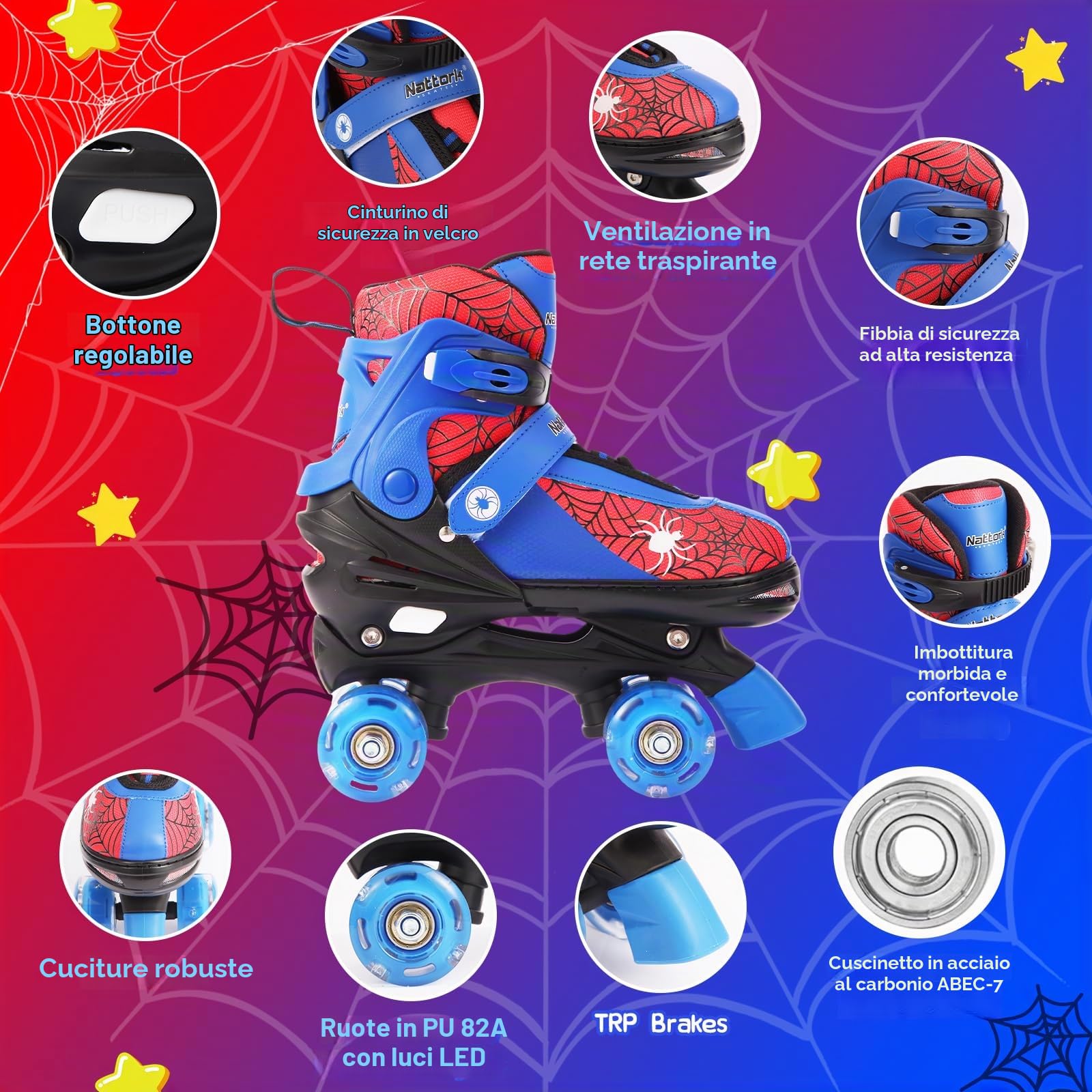 Nattork - Pattini a rotelle per bambini, 4 misure, regolabili, Quad Skates con ruote luminose, ottimo regalo di compleanno per bambini principianti, interni ed esterni