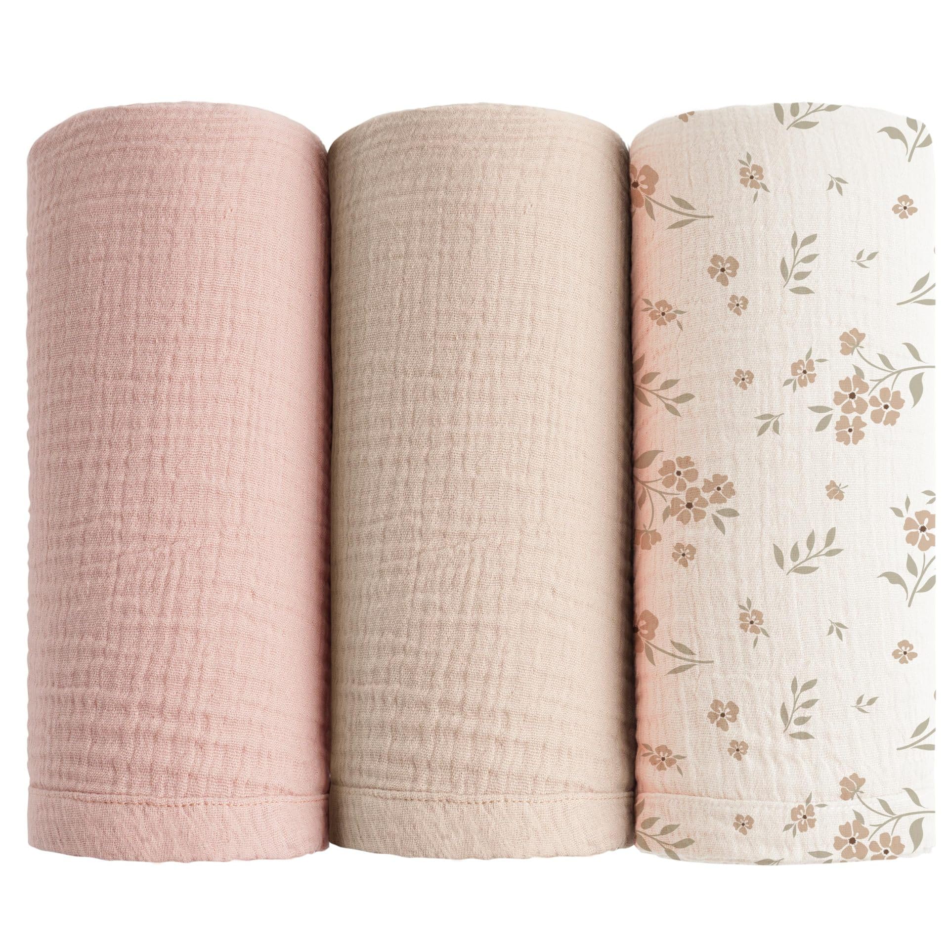 Lot de 3 Langes Bébé, 100x100cm Mousseline de Coton,Absorbant Respirant pour Nouveauné Peau Sensible pour Unisexe Bébé Filles et Garçons (Rose)