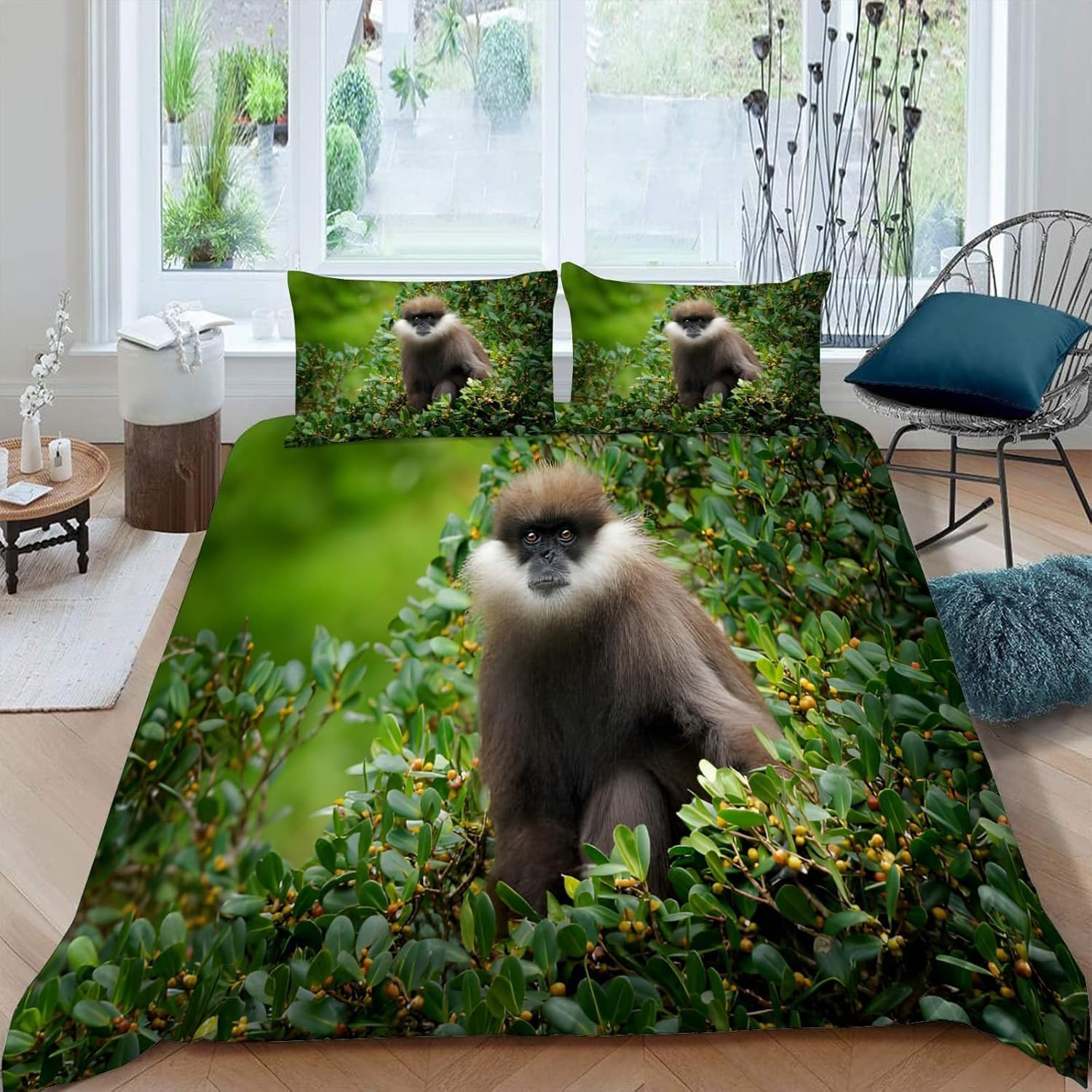 3D Gray Leaf Monkey Single Duvet Cover Set Rainforest Shrubs Single Bedding Sets Warm Comfort Microfiber Quilt Cover 150x200 cm with 2 Pillowcases for Boys Girls Bedroom y.3422