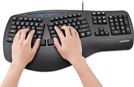 Perixx PERIBOARD-312 Ergonomic Backlit Keyboard - Wired USB with 2 Hubs - Natural Split Design - White LED - Black