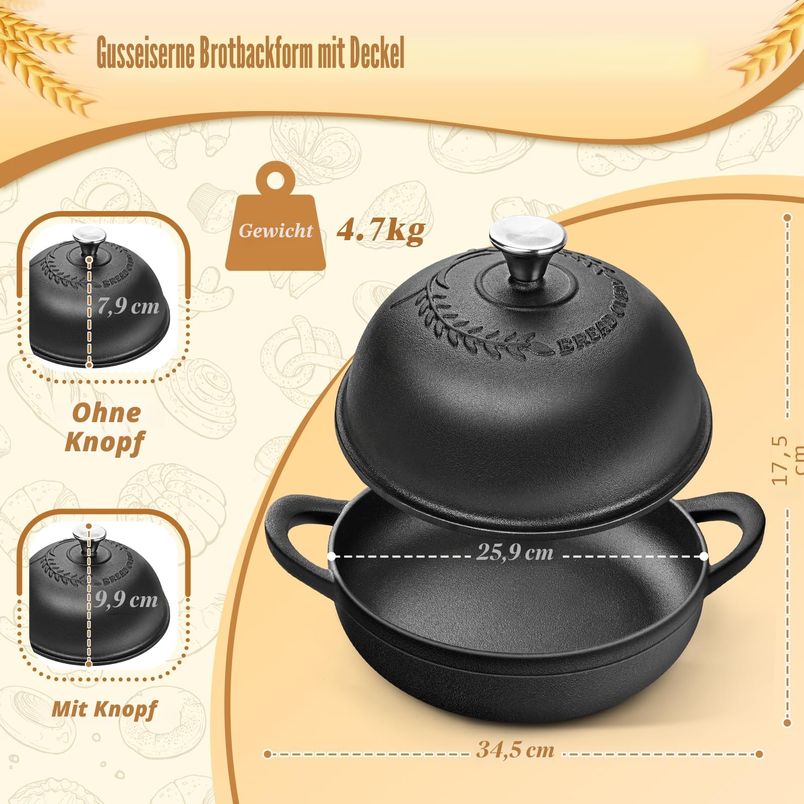 NZQXJXZ Gusseisen Topf Brot Backen 5.7L, Brotbackform mit Deckel, 26 cm Dutch Oven mit Brot Gärkorb Set, Brotbacktopf, Schmortopf Gusseisen Topf für Braten Küche Schmoren Backen