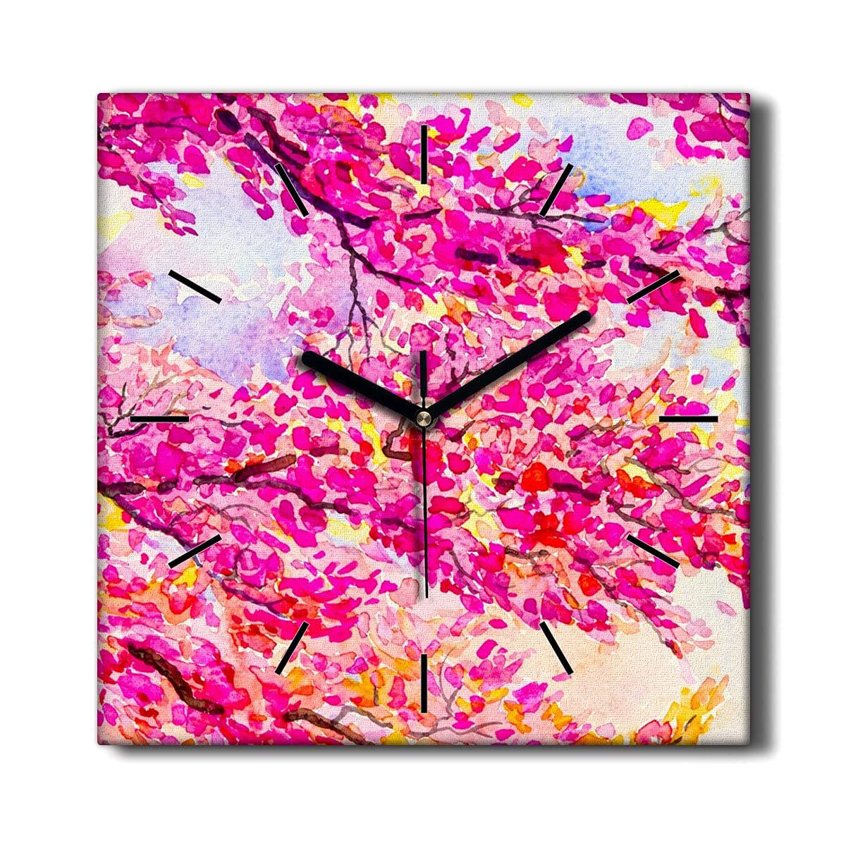 Horloge sur toile Coloray 30x30cm sans tic-tac avec peinture de feuilles d'arbres pour le salon