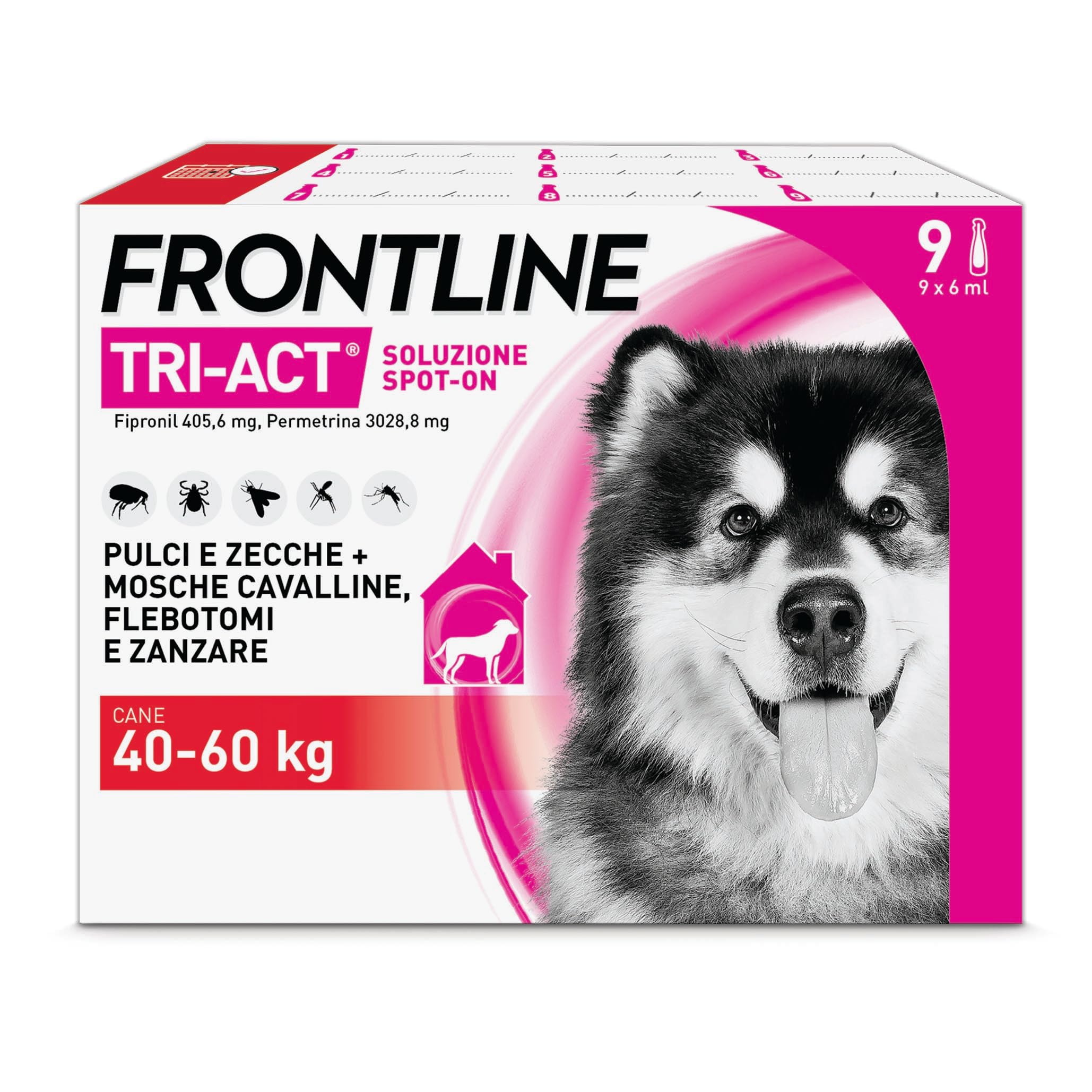 FRONTLINE Triact, 9 Pipette, Cane XL (40-60 kg), Antiparassitario per Cani e Cuccioli di Lunga Durata, Protegge il Cane da Pulci, Zecche, Zanzare, Pappataci e Leishmaniosi, Antipulci 9 Pipette