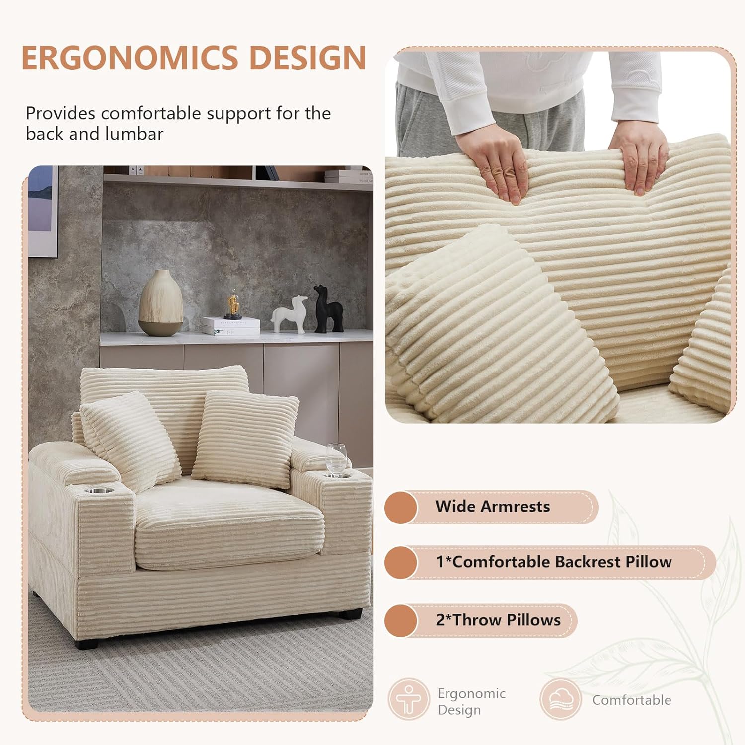 50" Oversized Chaise Lounge Chair Indoor with Ottoman and Storage, Comfy Corduroy Sleeper Chair with Cup Holder, Deep Seat Upholstered reading Chair, Reclining Chair for Living Room, Bedroom(Beige)