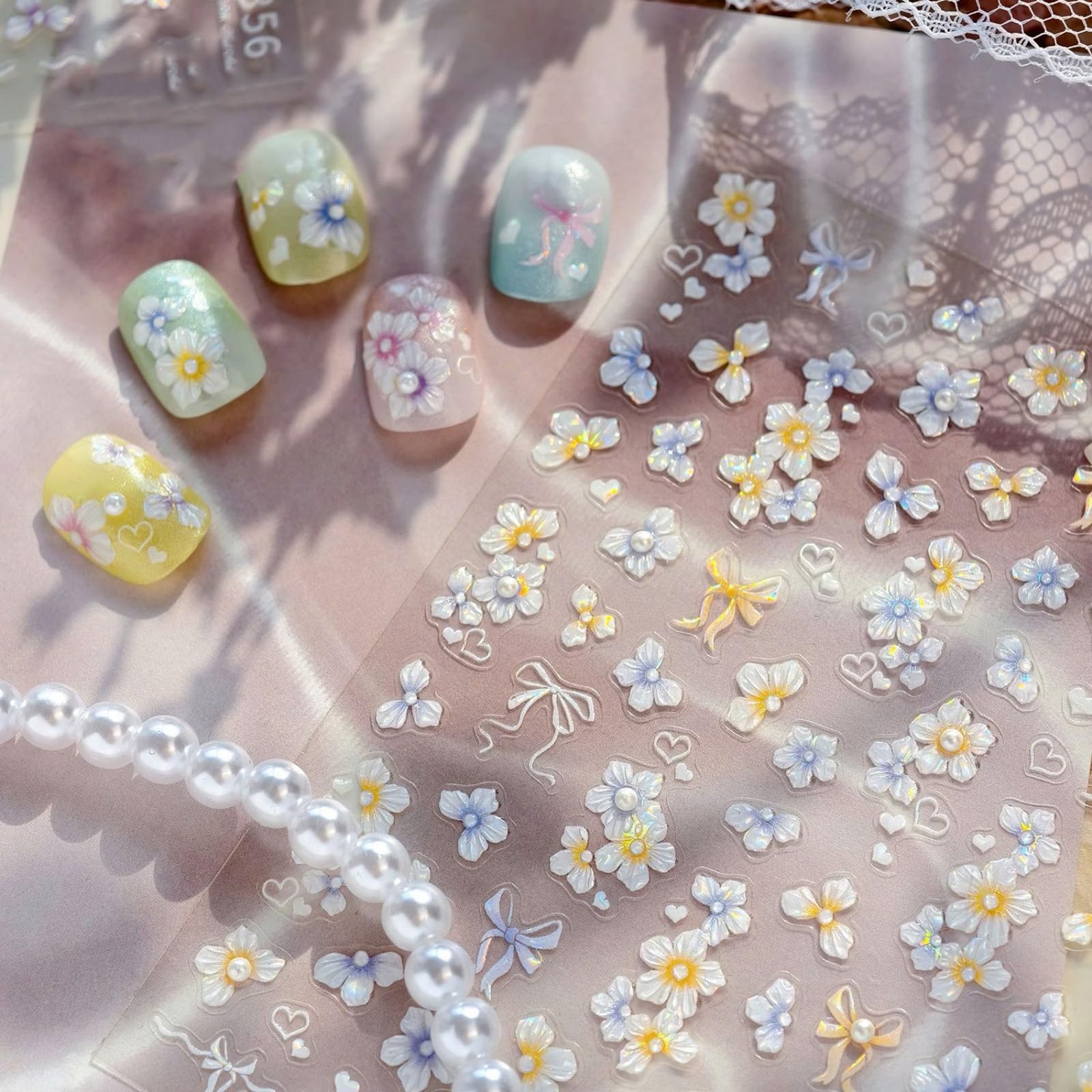 Flower Nail Stickers Decals Holographic Floral Nail Decals 5D Embossed Self Adhesive with Pearl Design for Women DIY Manicure Charms Supply Decoration