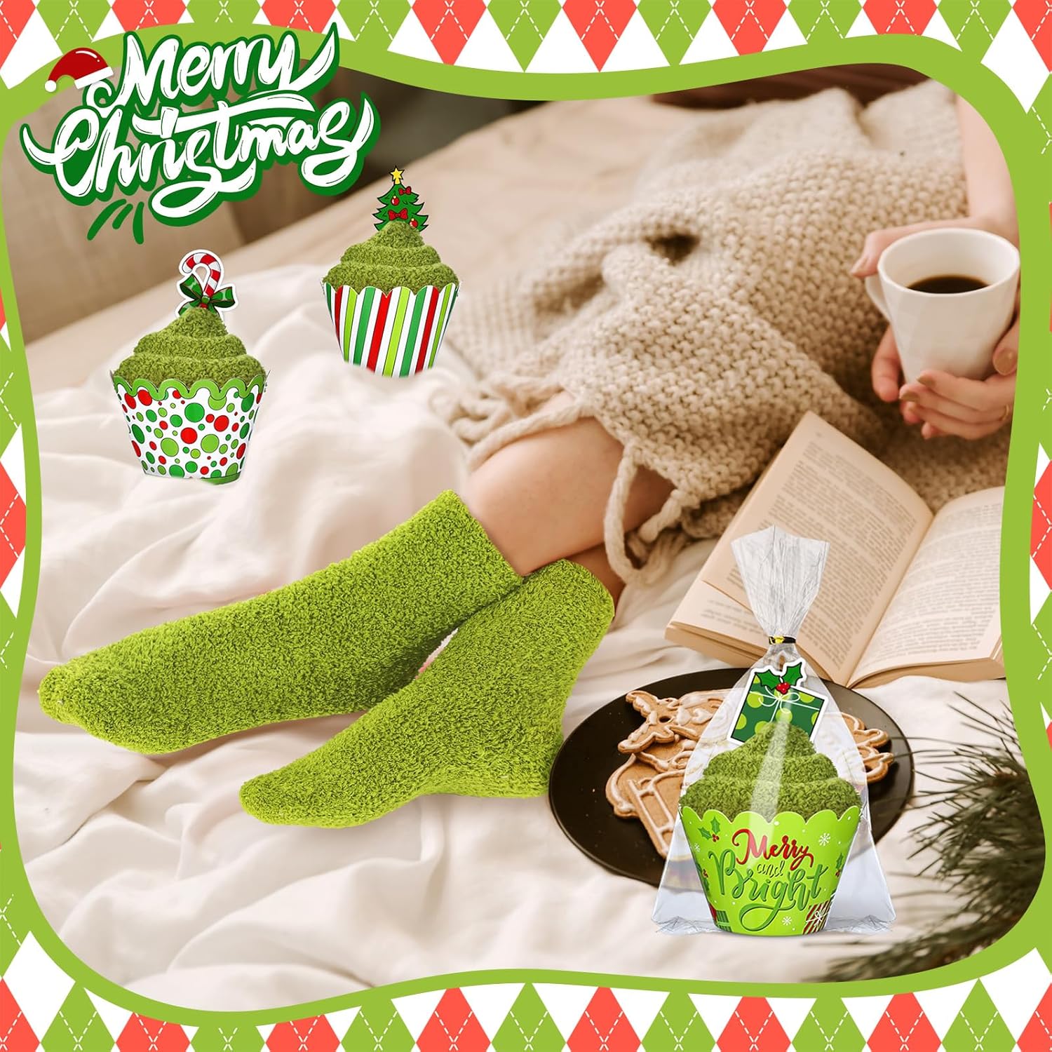 Suhine 24 Pairs Christmas Cupcake Fuzzy Socks for Women Girls Kids - DIY Gift Winter Xmas Socks Bulk Holiday Presents - Image 2
