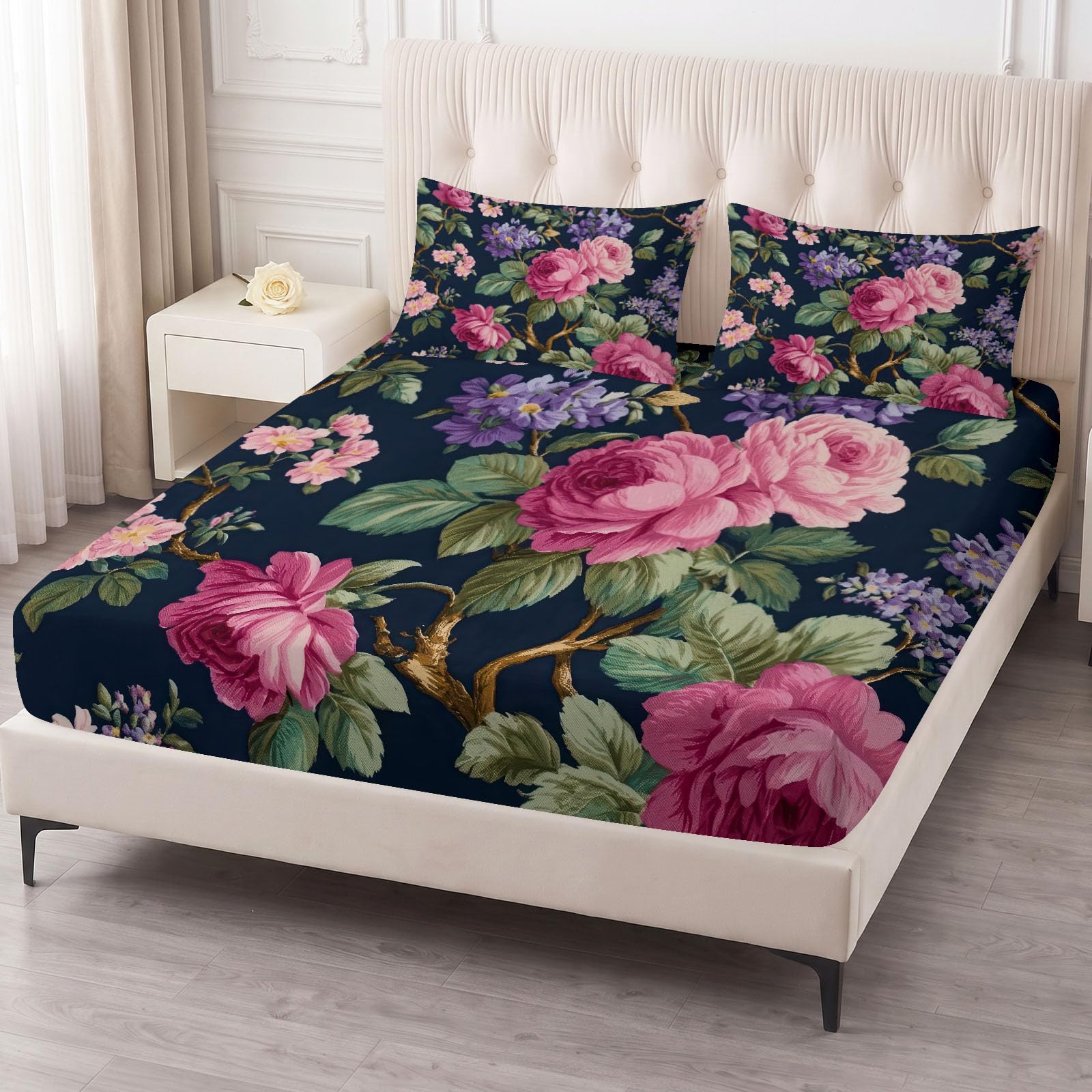 Lenzuolo con angoli elasticizzati, 140 x 200 cm, motivo floreale vintage