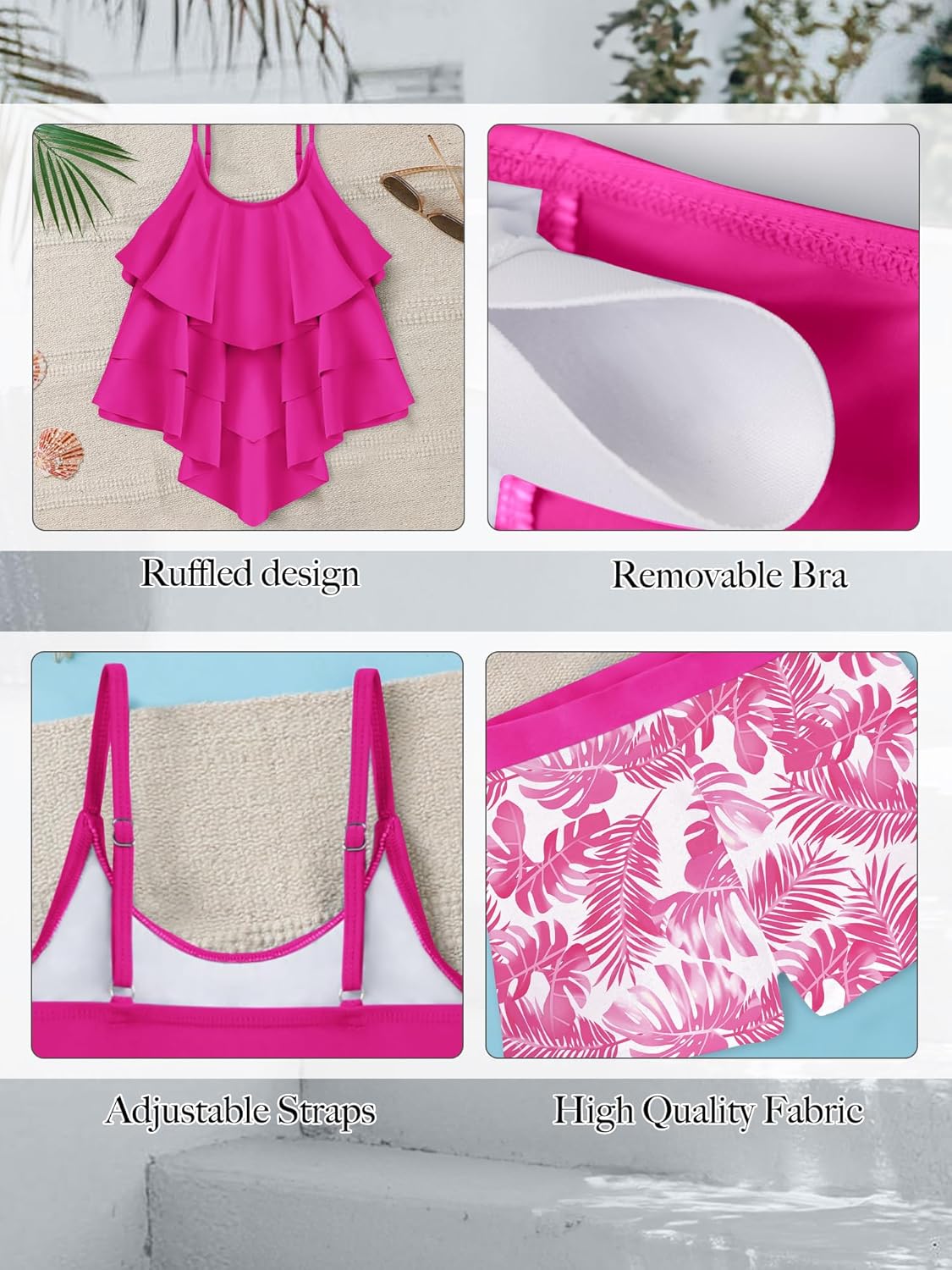 GEMLON Teens Girls Summer Swimsuit Solid Color Padded Adjustable Strap Tankini Shorts Set Girls Ruffled Beach Bathing Suit - Image 6