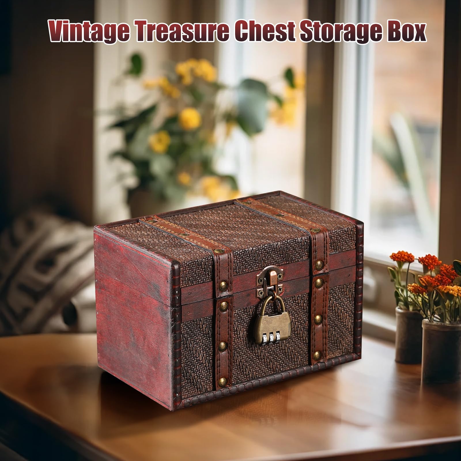 Cofre del Tesoro de Madera Vintage con Cerradura de Combinación, Cofre del Tesoro Pirata Niños con Candado, Pequeño Caja de Madera para Collares, Pendientes, Anillos, Pulseras