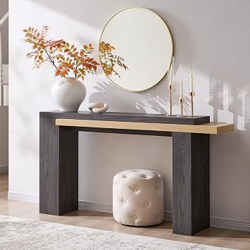 OKD 63" Geometric Console Table with Layered Top, Natural Oak & Dark Alder | Extended Layered Top, Sturdy Support Legs, Entryway, Hallway, Foyer, Living room, Behind Sofa