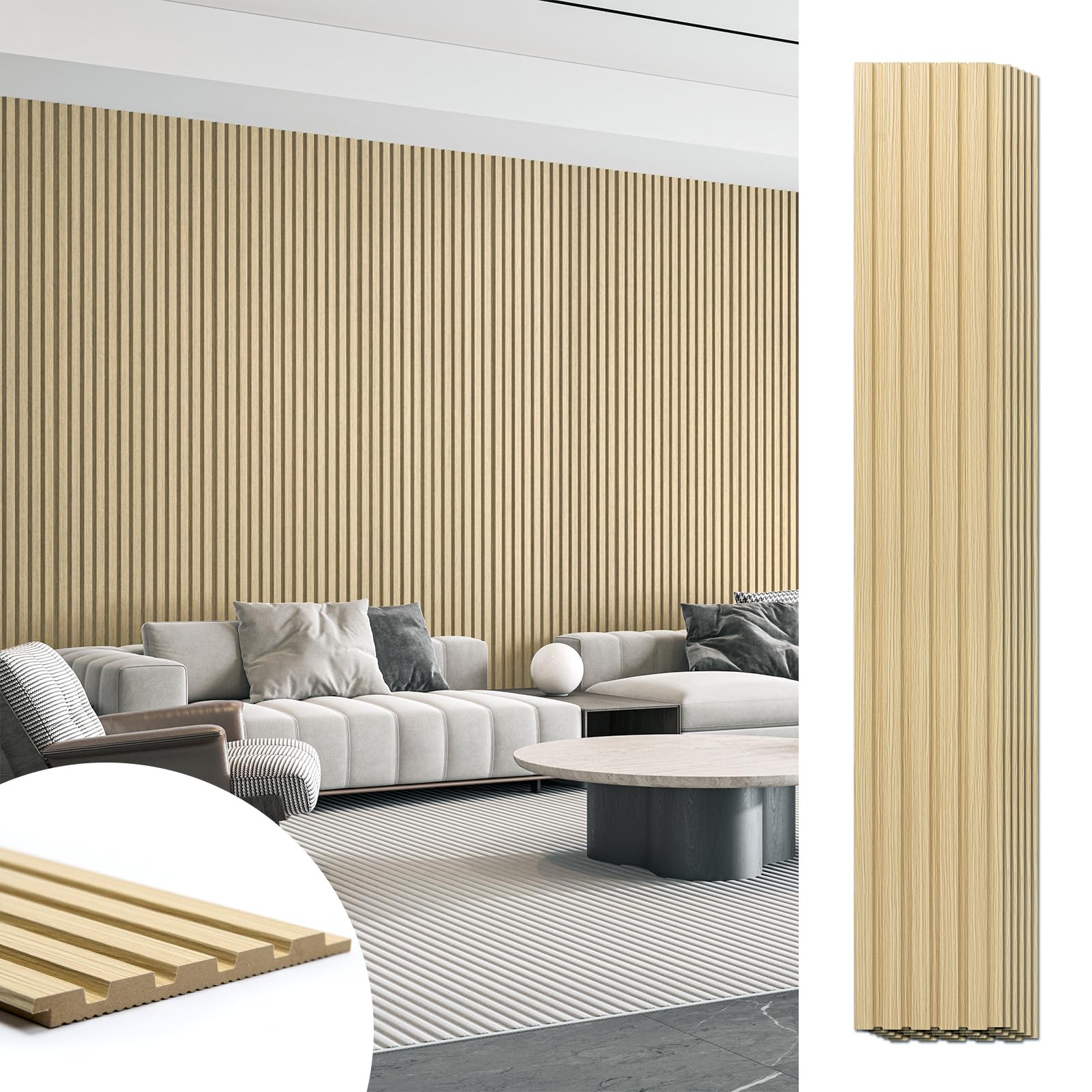 Art3d Wood Slat Wall Panels, Fluted MDF, 6-Pack, 94.6 x 7.4 in,Oak