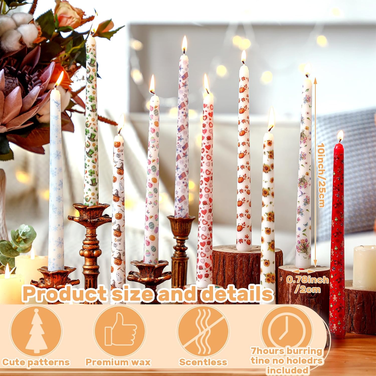 Nuanchu 20 Pack Seasonal Holiday Taper Candles Summer Memorial Day Taper Candle 10 Inch Unscented Tall Sunflower 4th of July Patriotic Candlestick Long Burning Smokeless Gift Dinner Table Decor