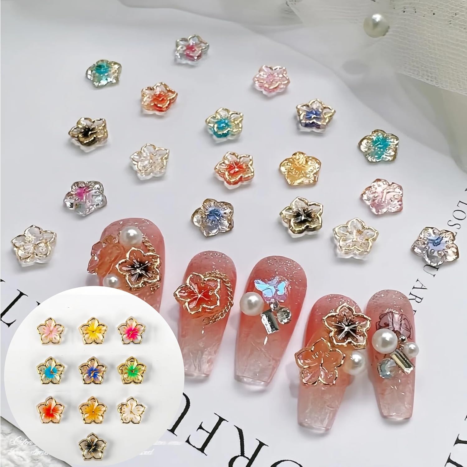 150Pcs 3D Flower Rhinestones Nail Art Charms Resin Flatback Hibiscus Hawaii Floral Bead with Gold Edges Nail Rhinestones Nail Gems Colorful Flowers Nail Design for Acrylic Women Manicure DIY Jewel