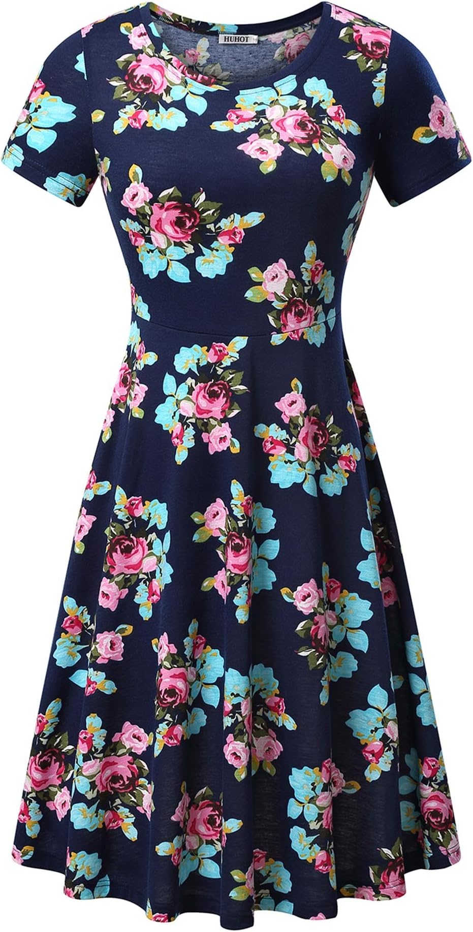 HUHOT Polyester Dress, Women Floral Summer Casual Flared Midi Dress (X-Small, Navy Peony)
