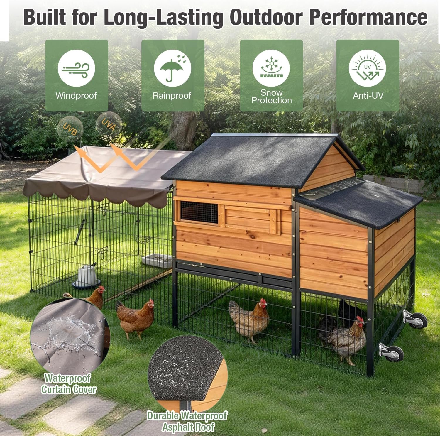 Large Chicken Coop with Run, Mobile Chicken House with Wheels, Heavy Duty Steel Frame, Wooden Coop with Nesting Box, Waterproof Roof, Easy Clean Pull-Out Tray, Expandable Poultry Cage
