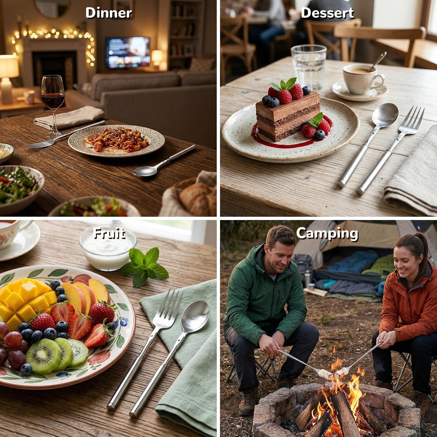 Extendable Fork Spoon Set, Adjustable Stainless Steel Fork and Spoon, Long Handle Retractable Tableware Extended to 25 Inch, 2 Pieces Camping Flatware for Fruit Dessert BBQ