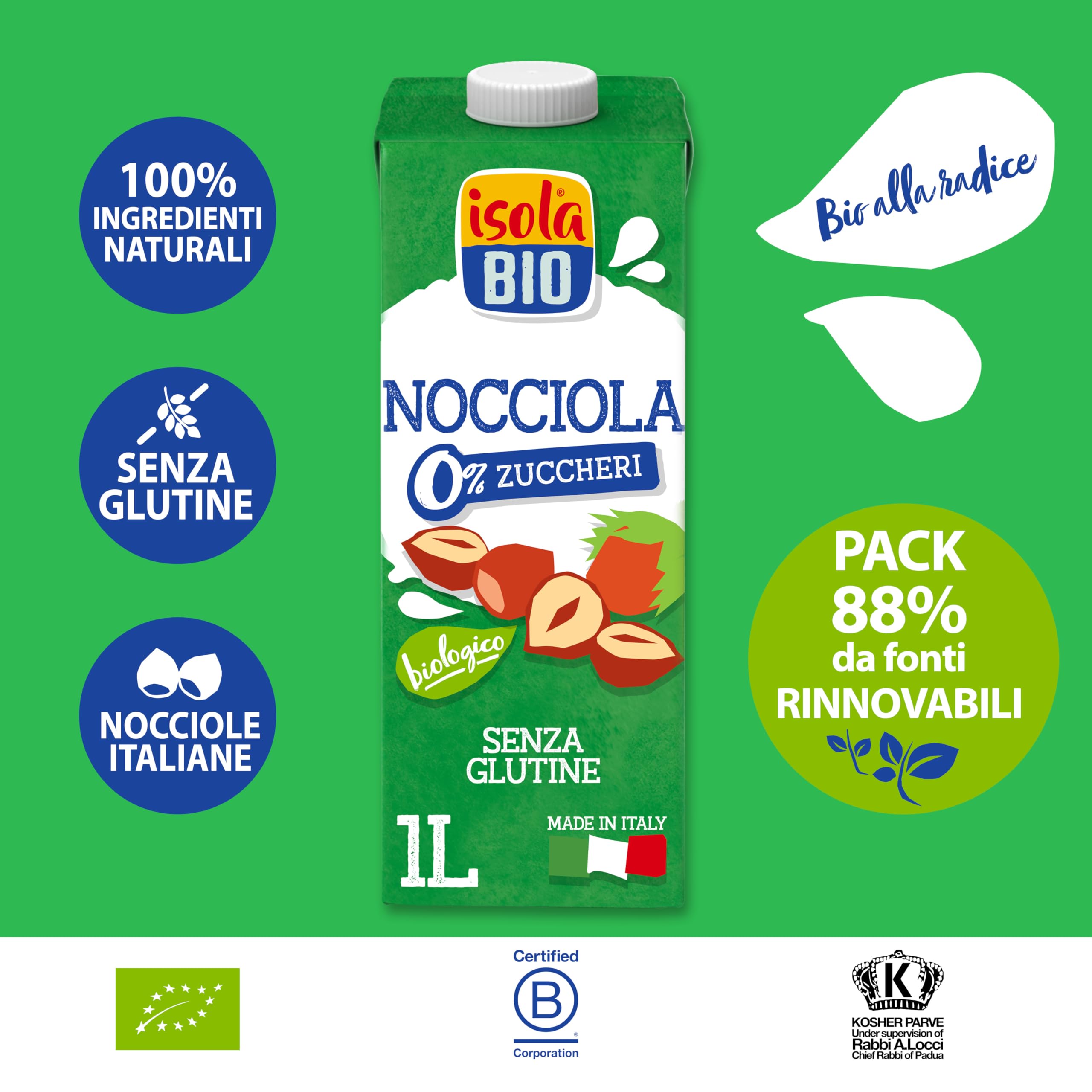 ISOLA BIO Bebida Ecológica Vegetal de Avellanas Pack 6 x 1 L Sin Azúcar Añadido Sin Lactosa Vegano