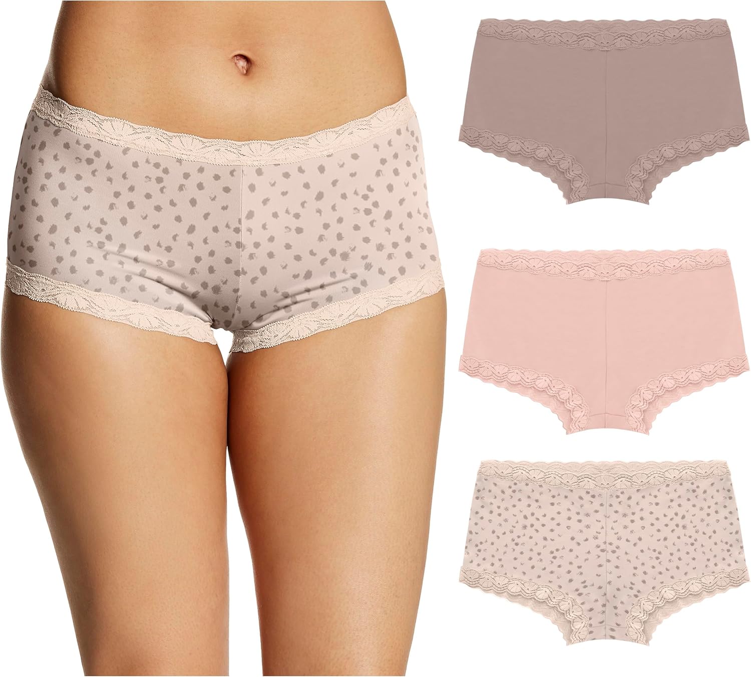 Size M Maidenform Women's Underwear, Microfiber with Lace Boyshort Panties, One Fab Fit, 3-Pack Medium Evening Blush/Sandshell Dot Print/Sandshell