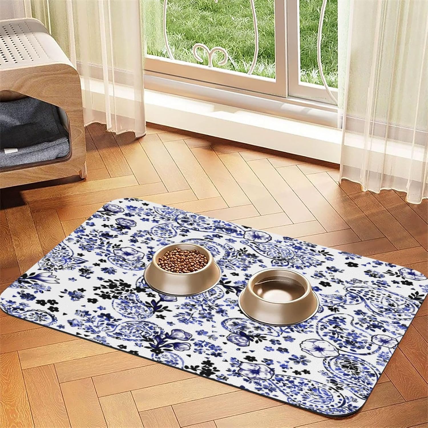 Blue Polka Dot Bohemian Paisley Pet Feeding Mat-Absorbent Quick Dry Pet Cat Dog Food Mat Non Slip Waterproof Rubber Dish Placemat