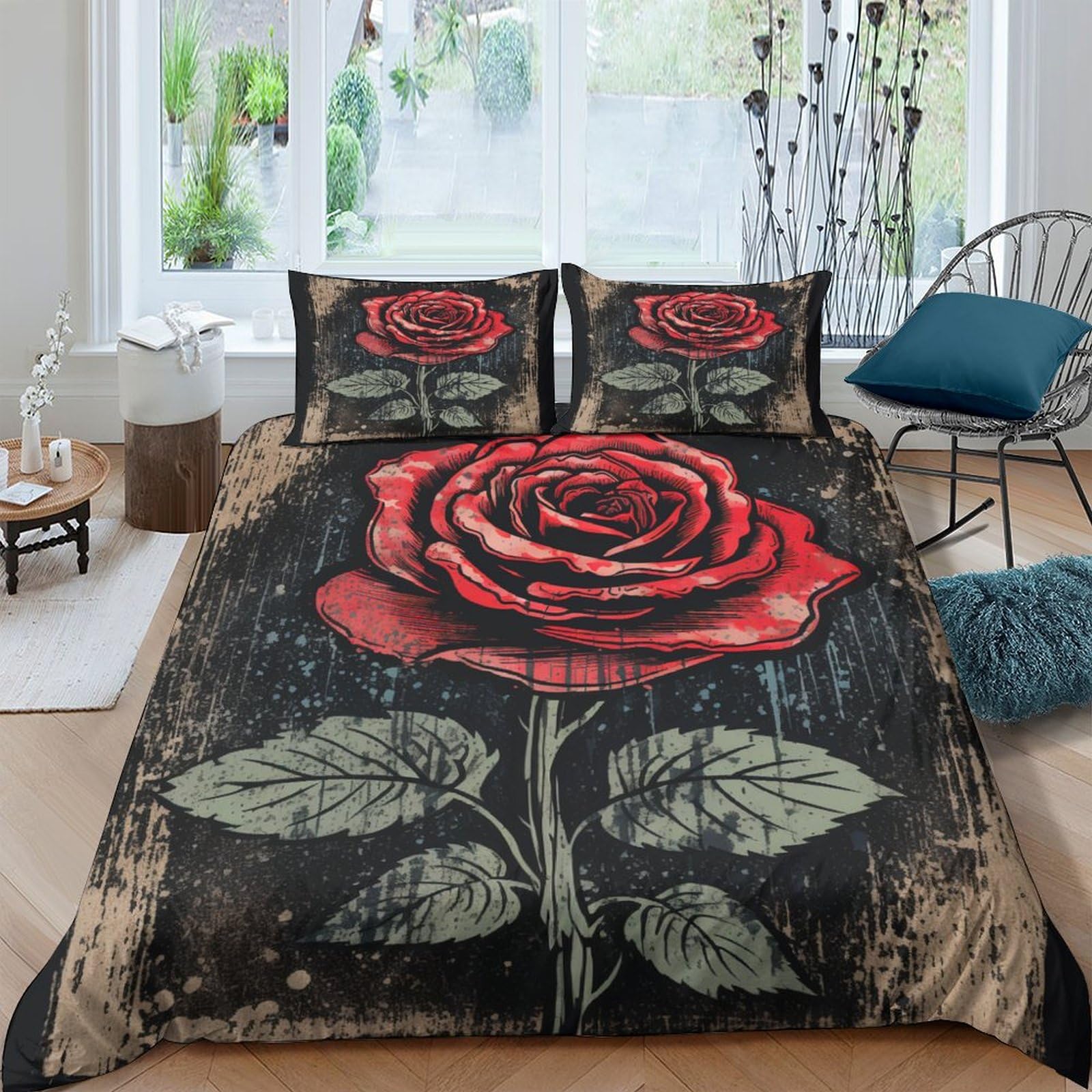 Housse de couette rose rouge 3D 220x240 cm avec 2 taies d'oreiller pour lit King size