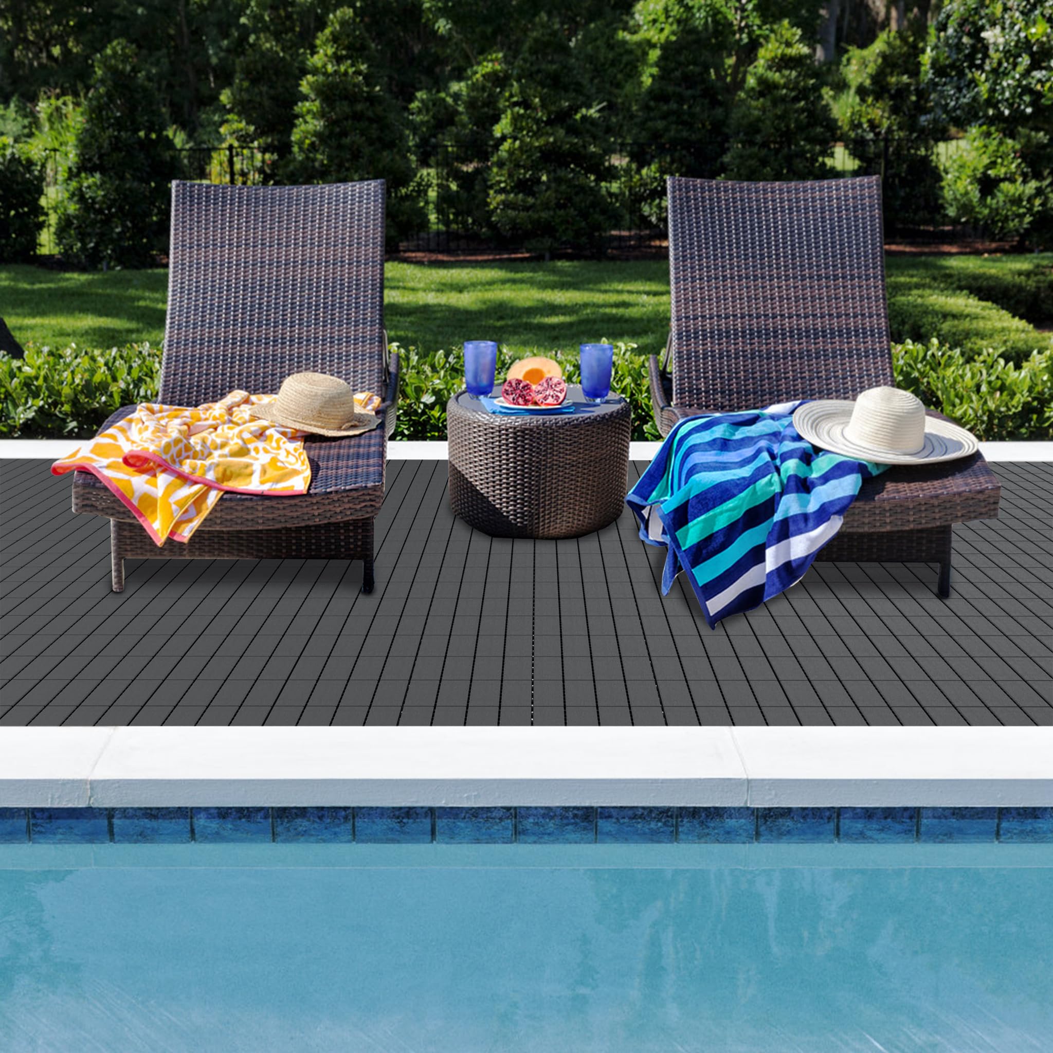Aufun 44 Stück Balkonfliesen 30x30cm, Terrassenfliesen in Holzoptik, Wasserfeste Gartenfliesen Kunststoff mit Klick-System, Bodenbelag für Balkon, Terrasse, Außenbereich, Dunkelkaffee, 4m² Anthrazit
