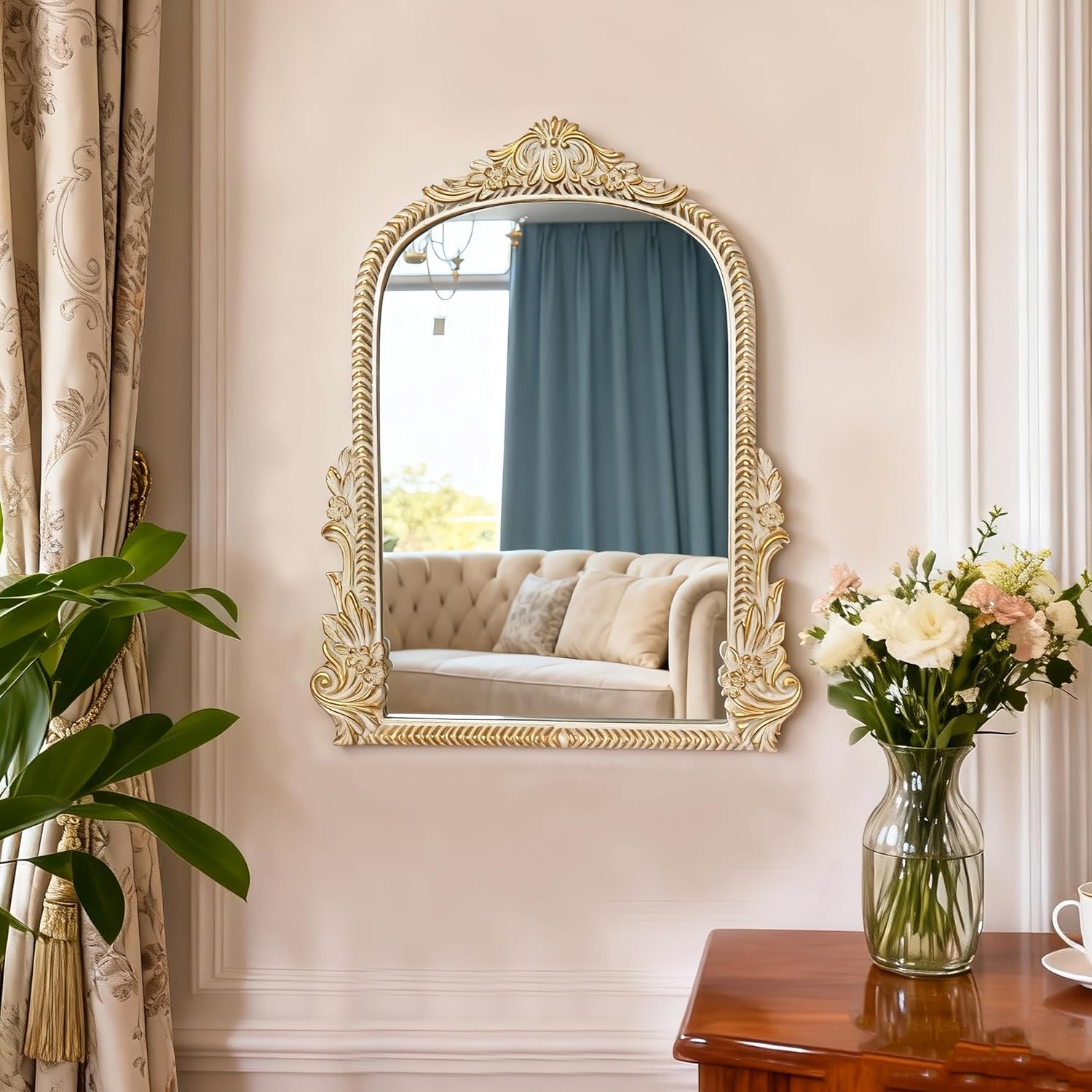 Baroque White Vintage Vanity Mirror 13x10 Inch, Wall-Mounted & Tabletop Dual-Use, Ornate Gold Accent Retro Decorative Mirror for Bedroom Dresser, Bathroom, Living Room and Dorm