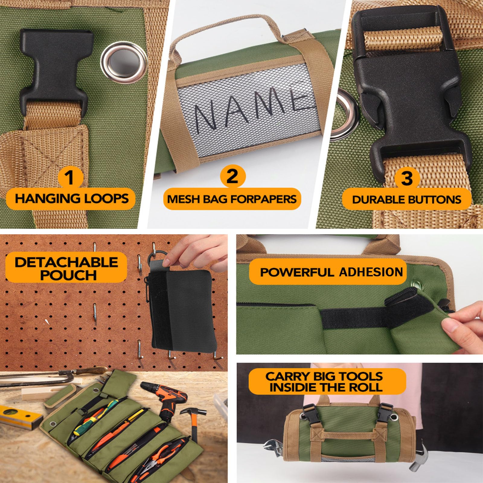 Roll Up Tool Zippered Pockets Wrench Organizer Portable Tool Roll (Khaki)